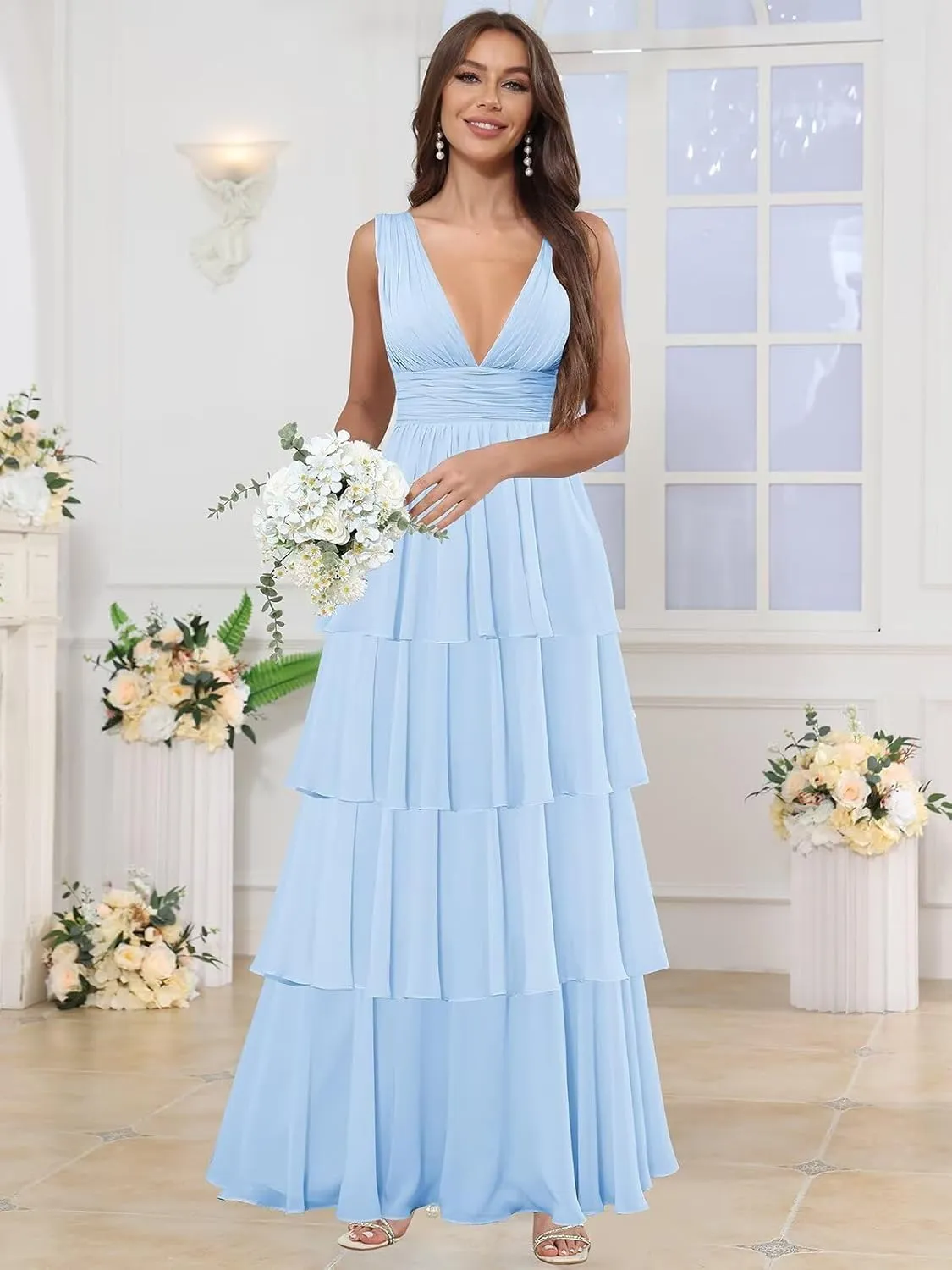 TORYEMY Chiffon V Neck Bridesmaid Dresses Long Ruffle Tiered Prom Dress A Line Formal Evening Gown for Women