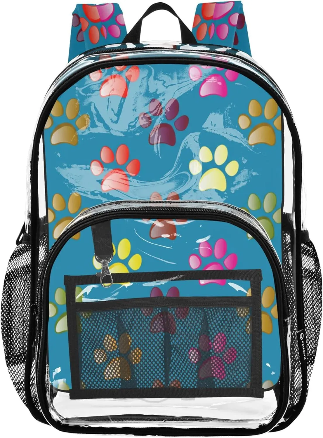 Travel Clear Backpack Floral Girls Backpack for Kids See through Shoulder Bag Colorful Paw Prints Blue Image Bright High Definition