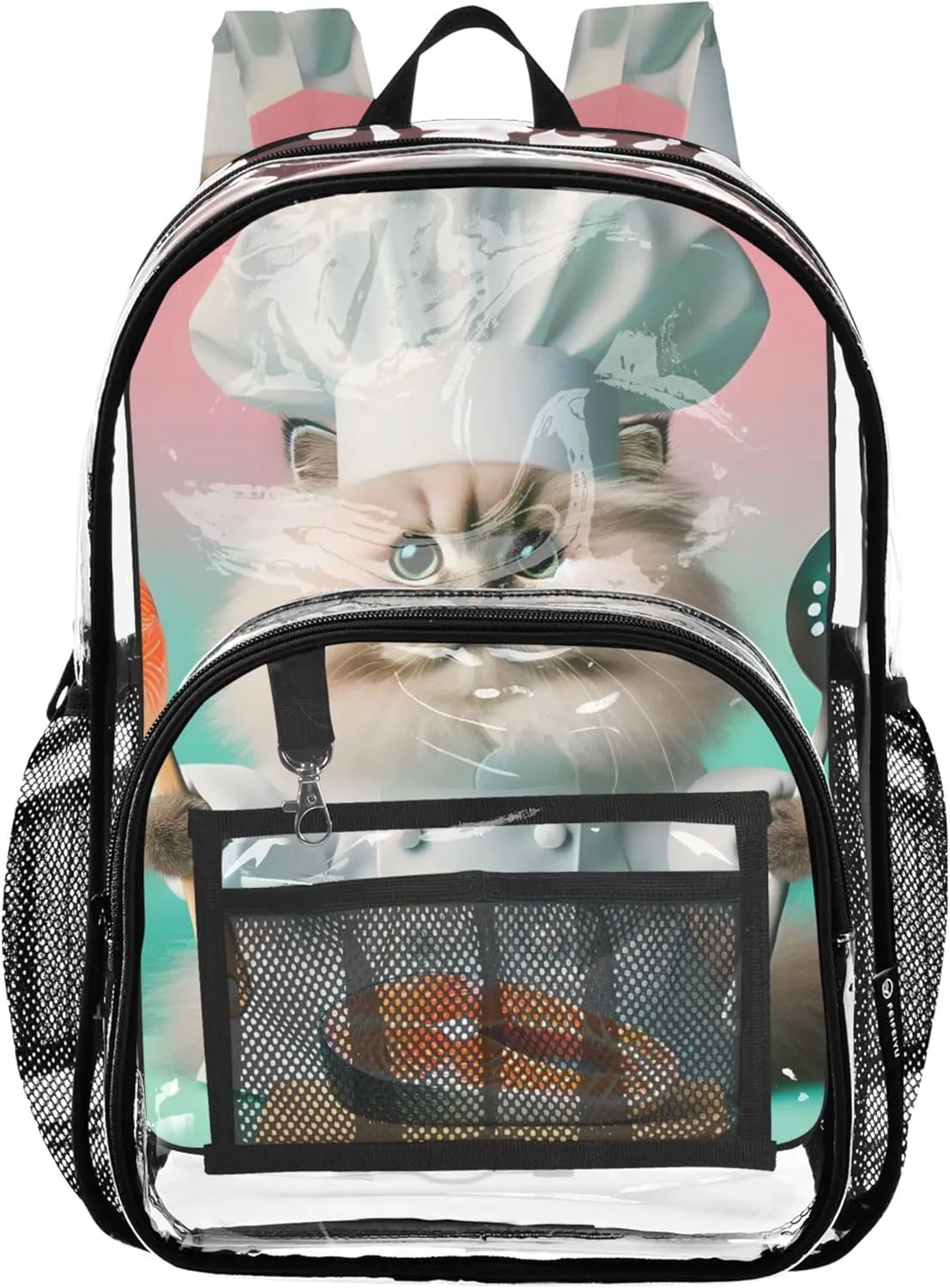 Travel Clear Backpack Floral Kids Backpack for Girls Large Plastic Approved Bag Chef Cat Funny Cooking