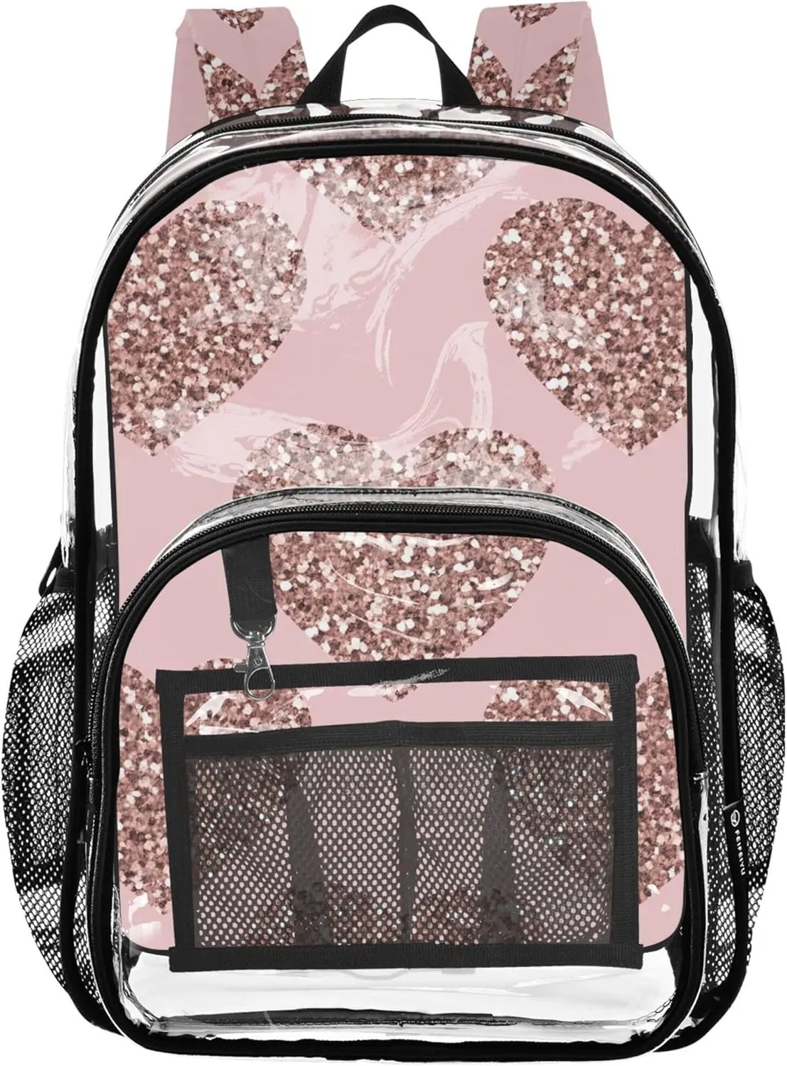 Travel Clear Bags for Women Boys Backpacks for Girls Large Plastic Approved Bag Hearts Rose Gold Glitter Pink