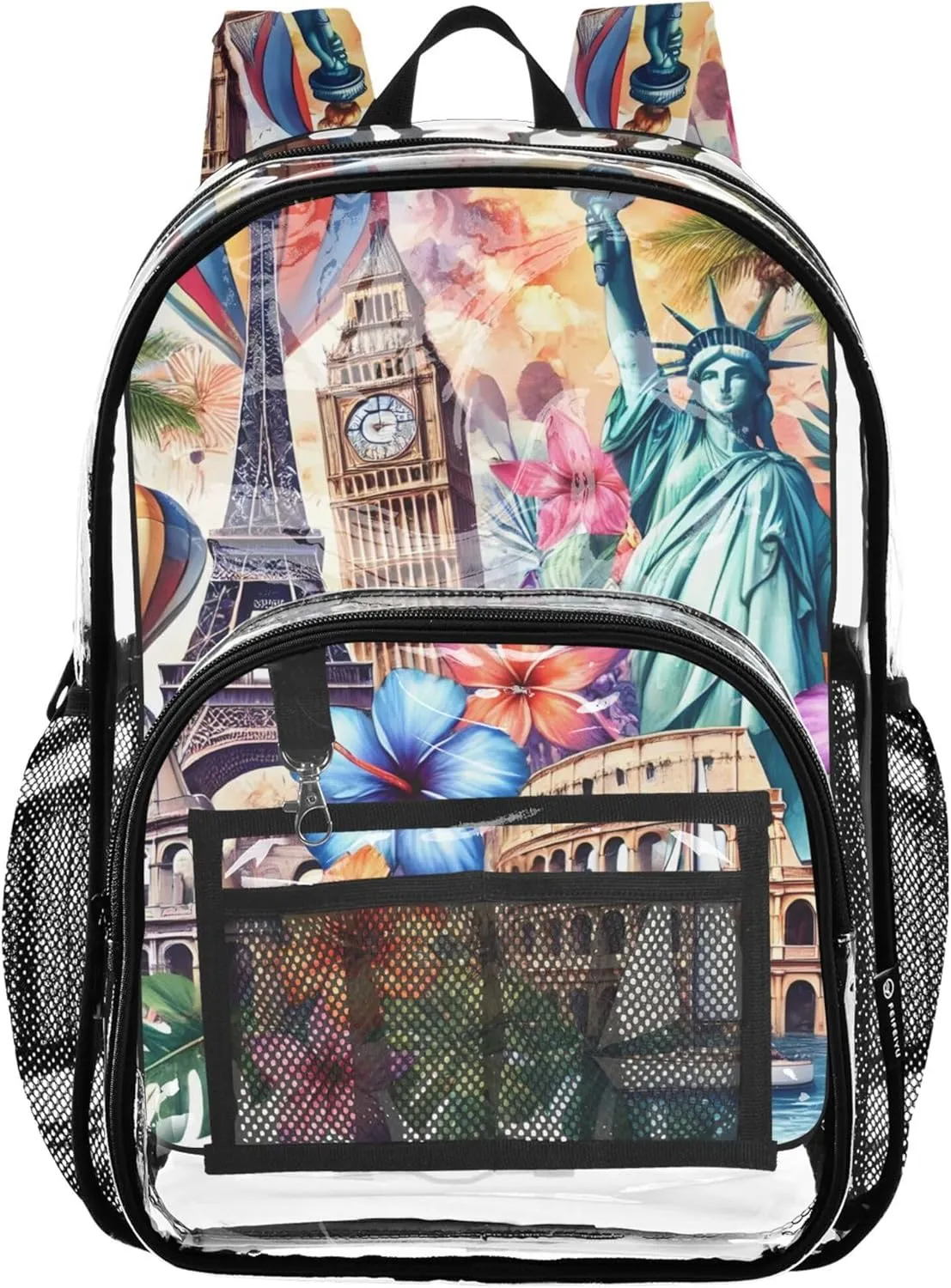 Travel Clear Bags for Women Colorful Travel Landmark Art Kids Backpack Boys Girls Large Transparent School