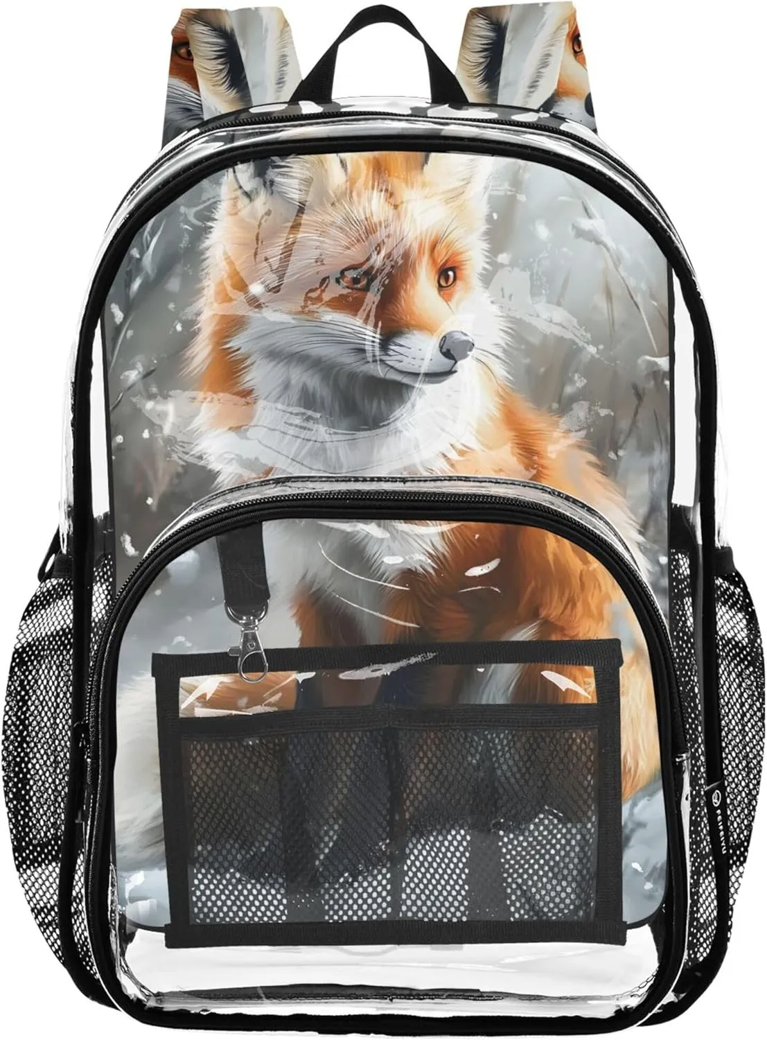Travel Clear Bags for Women Girls Backpack for Kids Pvc School Plastic Bookbag Charming Red Fox Snowy Forest