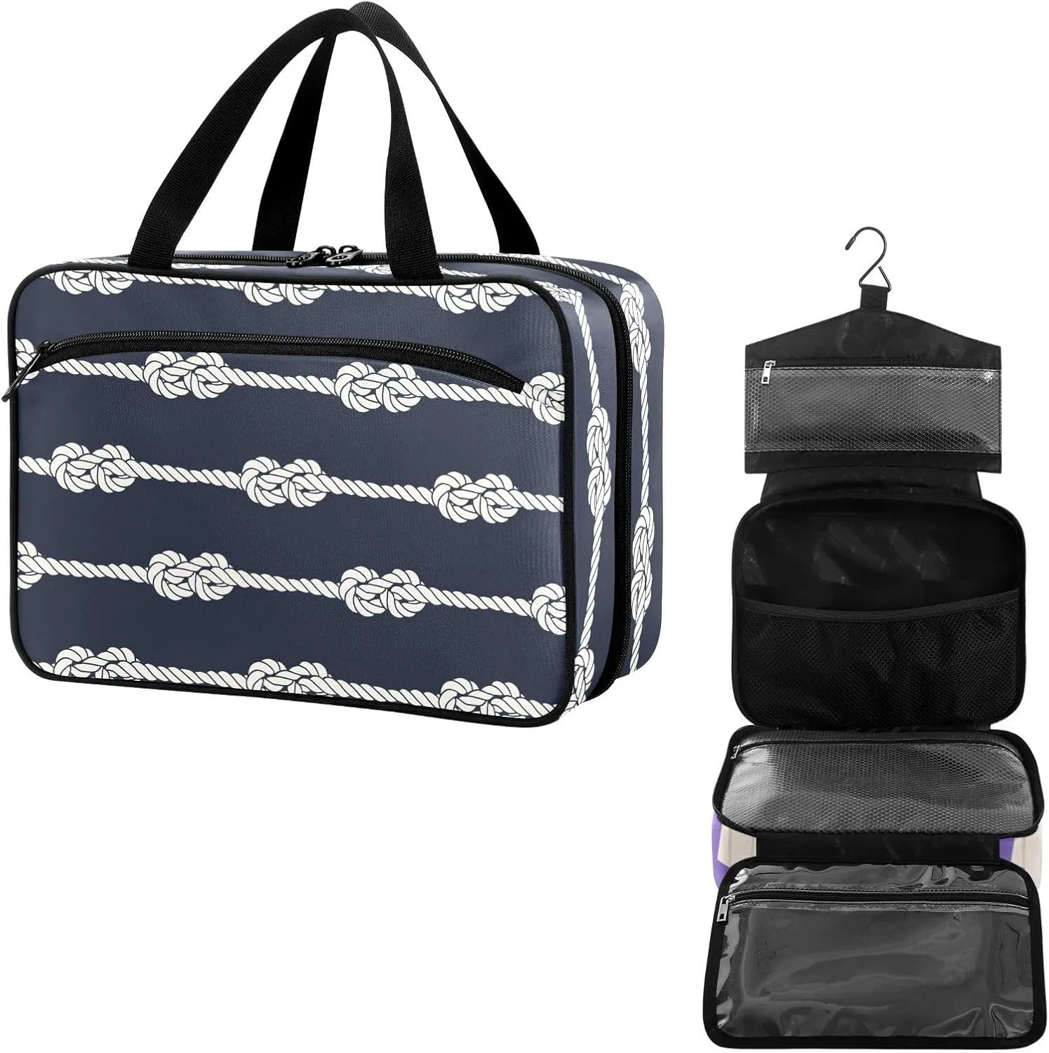 Travel Toiletry Bag for Woman/Men, Nautical Beige Knot on Deep Blue Hanging Organizer Bag with Pockets Portable Folding Travel Case Bags for Makeup Cosmetic Toiletries Storage Traveling-M