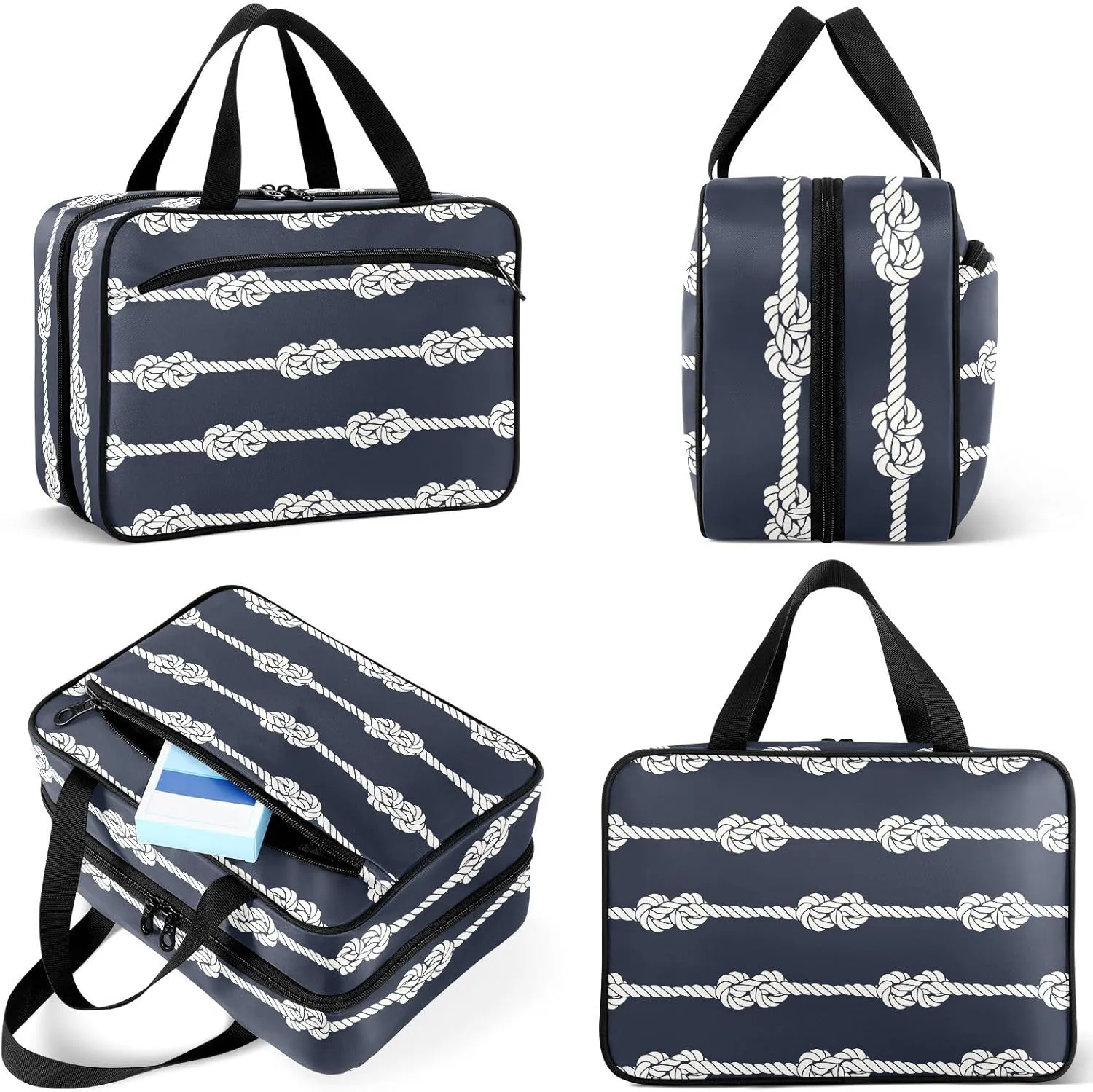 Travel Toiletry Bag for Woman/Men, Nautical Beige Knot on Deep Blue Hanging Organizer Bag with Pockets Portable Folding Travel Case Bags for Makeup Cosmetic Toiletries Storage Traveling-M