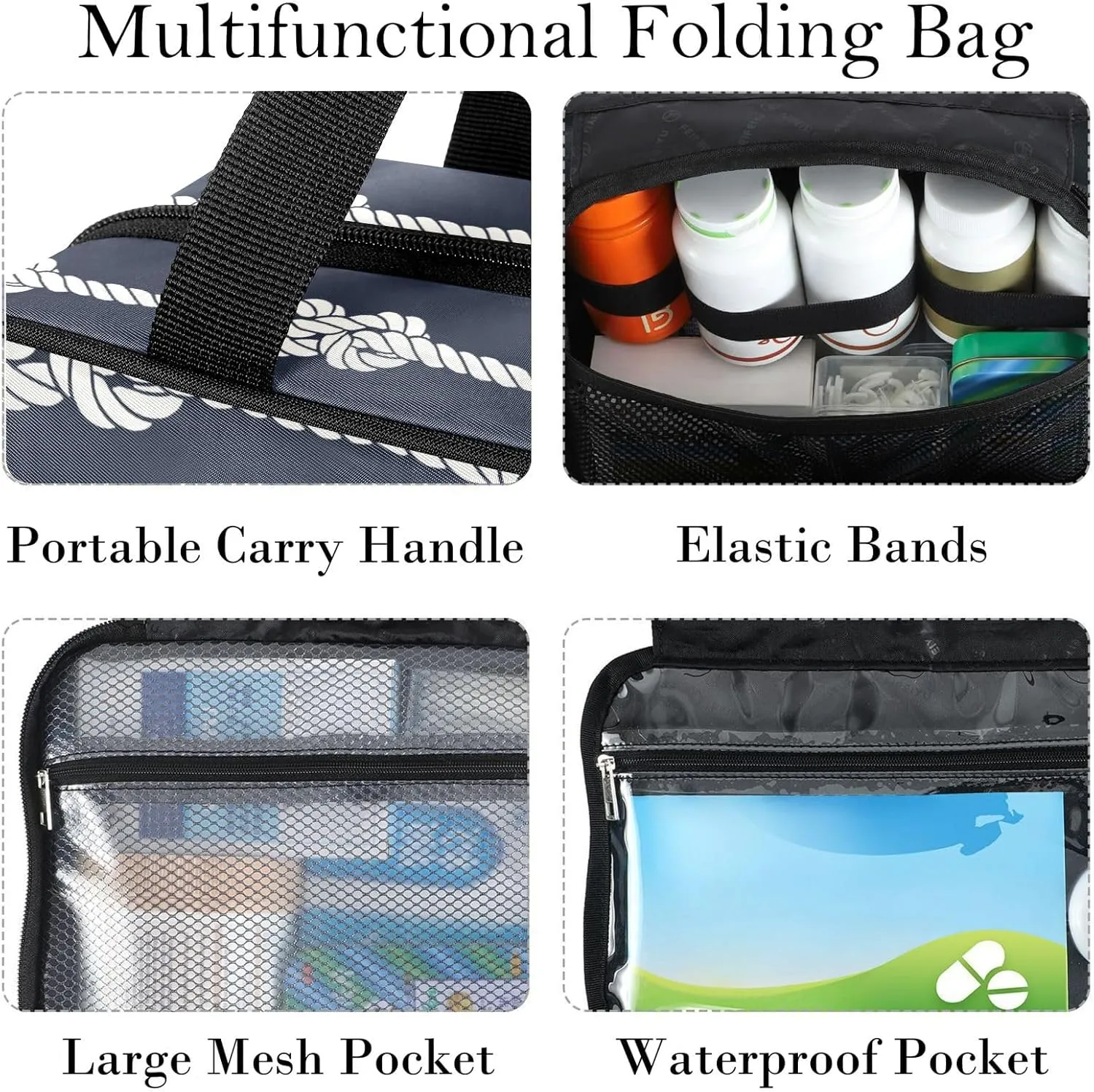 Travel Toiletry Bag for Woman/Men, Nautical Beige Knot on Deep Blue Hanging Organizer Bag with Pockets Portable Folding Travel Case Bags for Makeup Cosmetic Toiletries Storage Traveling-M
