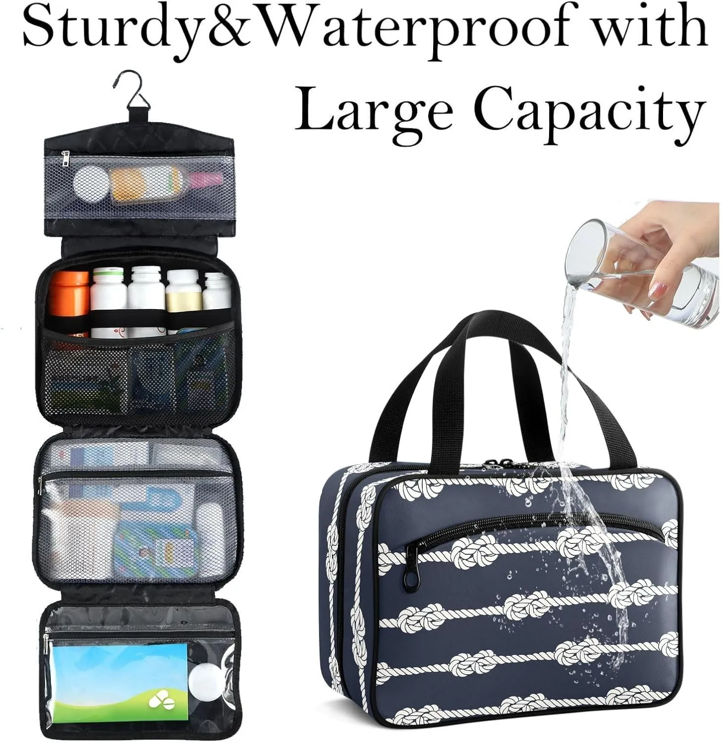 Travel Toiletry Bag for Woman/Men, Nautical Beige Knot on Deep Blue Hanging Organizer Bag with Pockets Portable Folding Travel Case Bags for Makeup Cosmetic Toiletries Storage Traveling-M