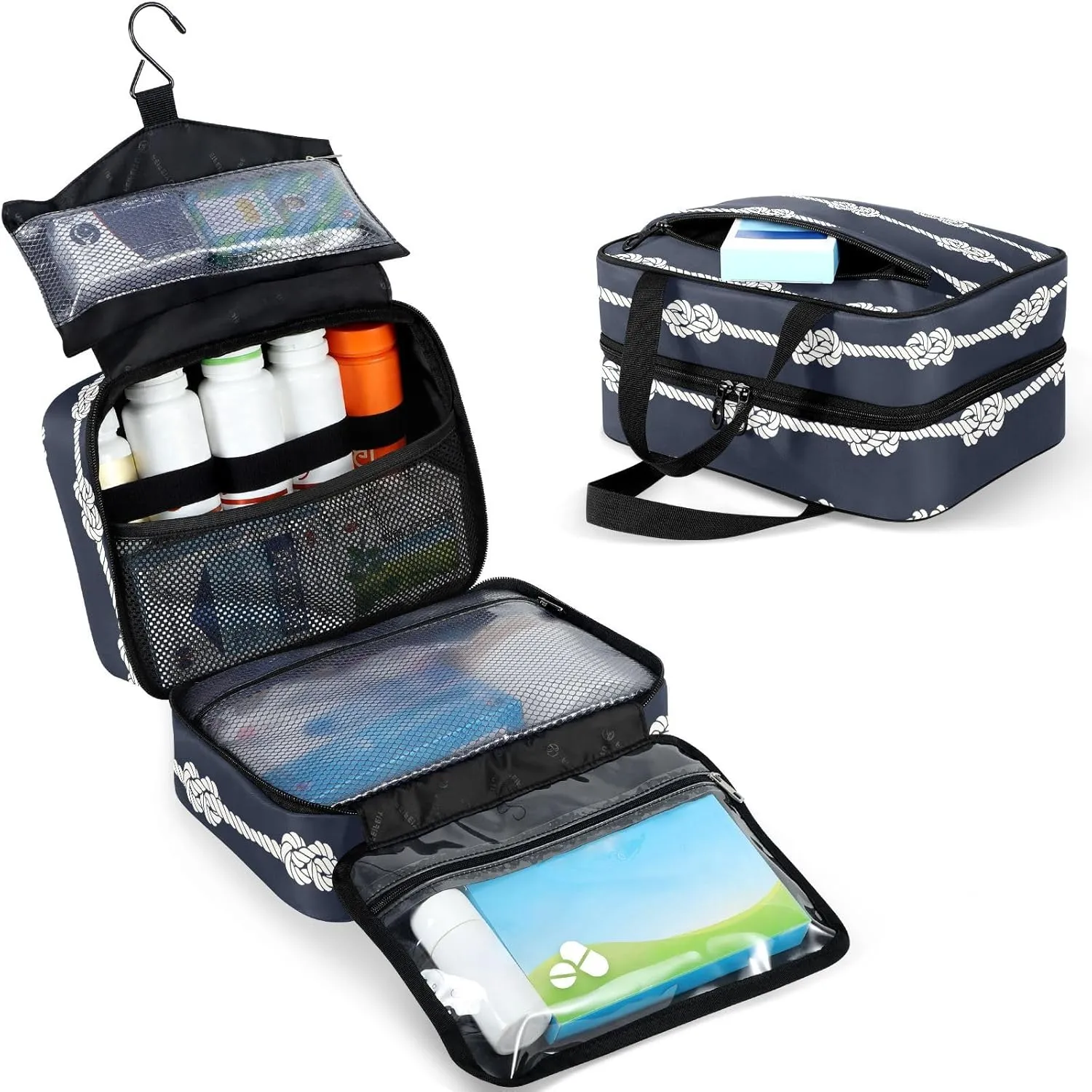 Travel Toiletry Bag for Woman/Men, Nautical Beige Knot on Deep Blue Hanging Organizer Bag with Pockets Portable Folding Travel Case Bags for Makeup Cosmetic Toiletries Storage Traveling-M