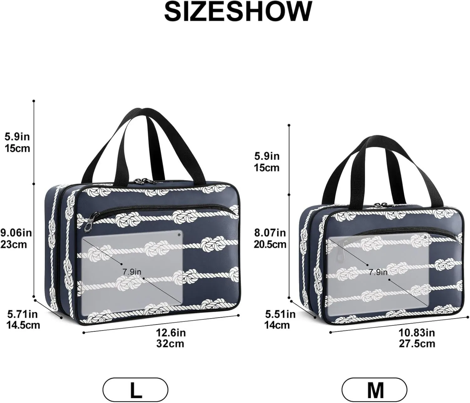Travel Toiletry Bag for Woman/Men, Nautical Beige Knot on Deep Blue Hanging Organizer Bag with Pockets Portable Folding Travel Case Bags for Makeup Cosmetic Toiletries Storage Traveling-M