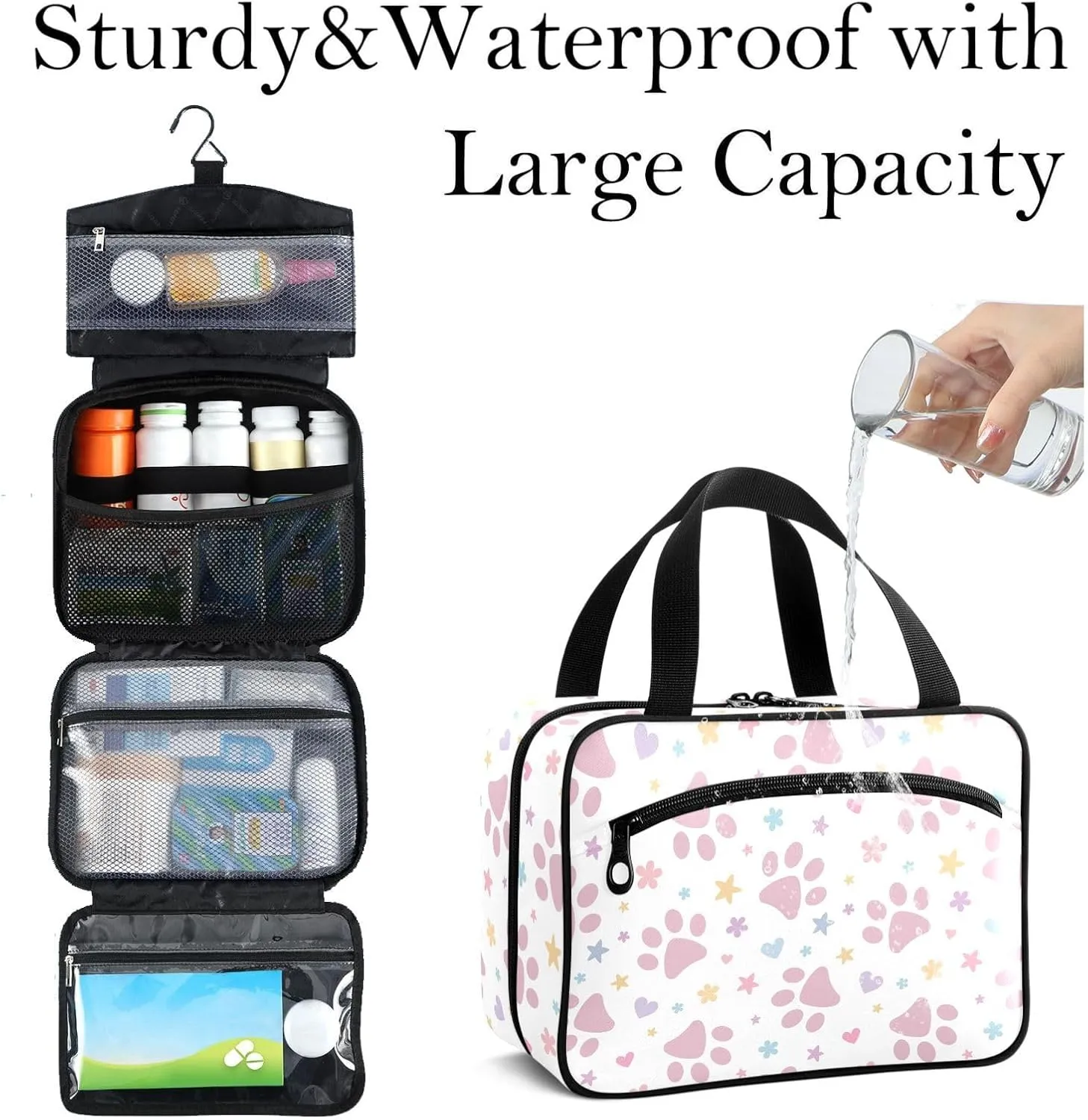 Travel Toiletry Bag for Woman/Men, Pink Animal Pet with Star and Heart Hanging Organizer Bag with Pockets Portable Folding Travel Case Bags for Makeup Cosmetic Toiletries Storage Traveling-L