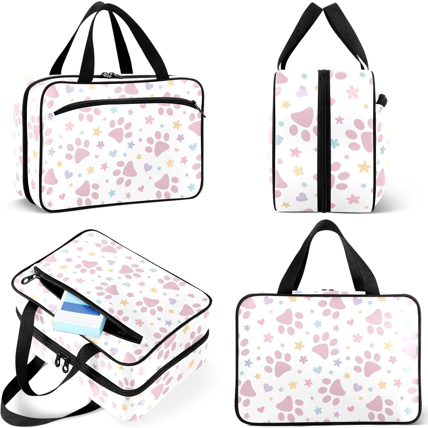Travel Toiletry Bag for Woman/Men, Pink Animal Pet with Star and Heart Hanging Organizer Bag with Pockets Portable Folding Travel Case Bags for Makeup Cosmetic Toiletries Storage Traveling-L