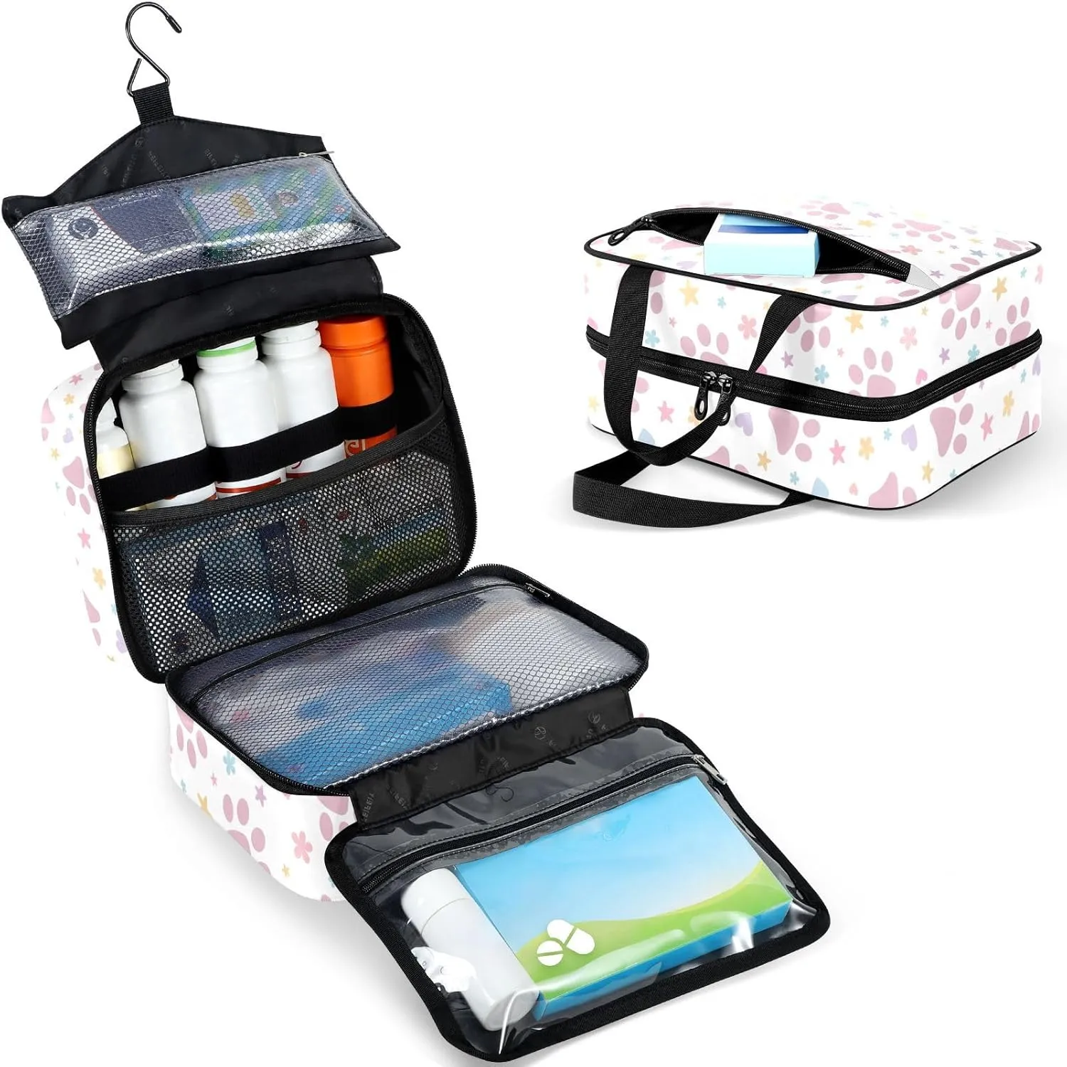 Travel Toiletry Bag for Woman/Men, Pink Animal Pet with Star and Heart Hanging Organizer Bag with Pockets Portable Folding Travel Case Bags for Makeup Cosmetic Toiletries Storage Traveling-L