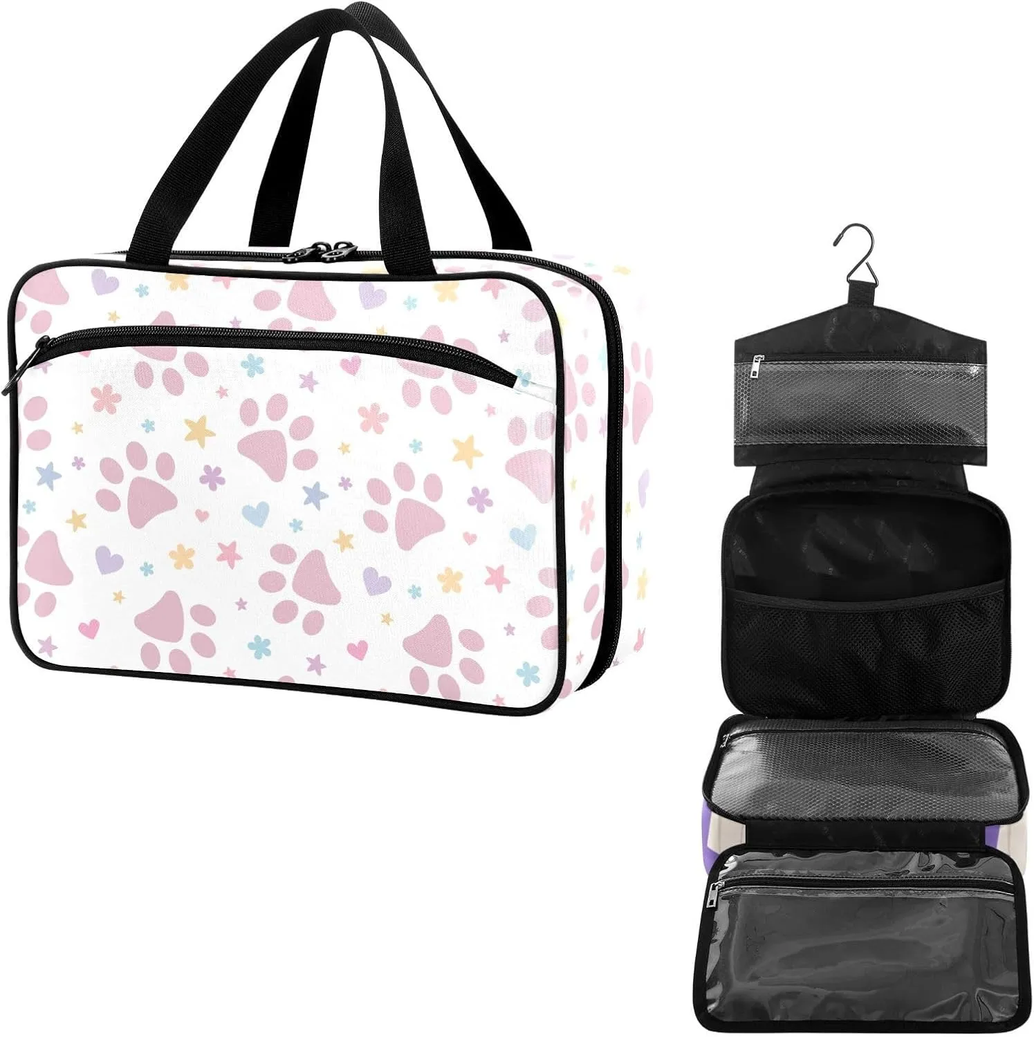 Travel Toiletry Bag for Woman/Men, Pink Animal Pet with Star and Heart Hanging Organizer Bag with Pockets Portable Folding Travel Case Bags for Makeup Cosmetic Toiletries Storage Traveling-L