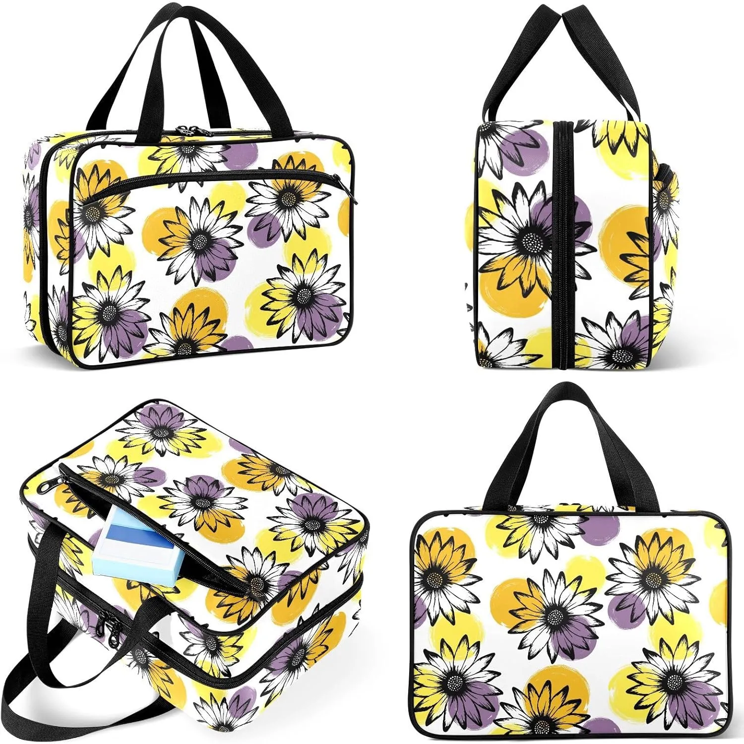 Travel Toiletry Bag for Woman/Men, Rustic Flower with Yellow Purple Dot Hanging Organizer Bag with Pockets Portable Folding Travel Case Bags for Makeup Cosmetic Toiletries Storage Traveling-L