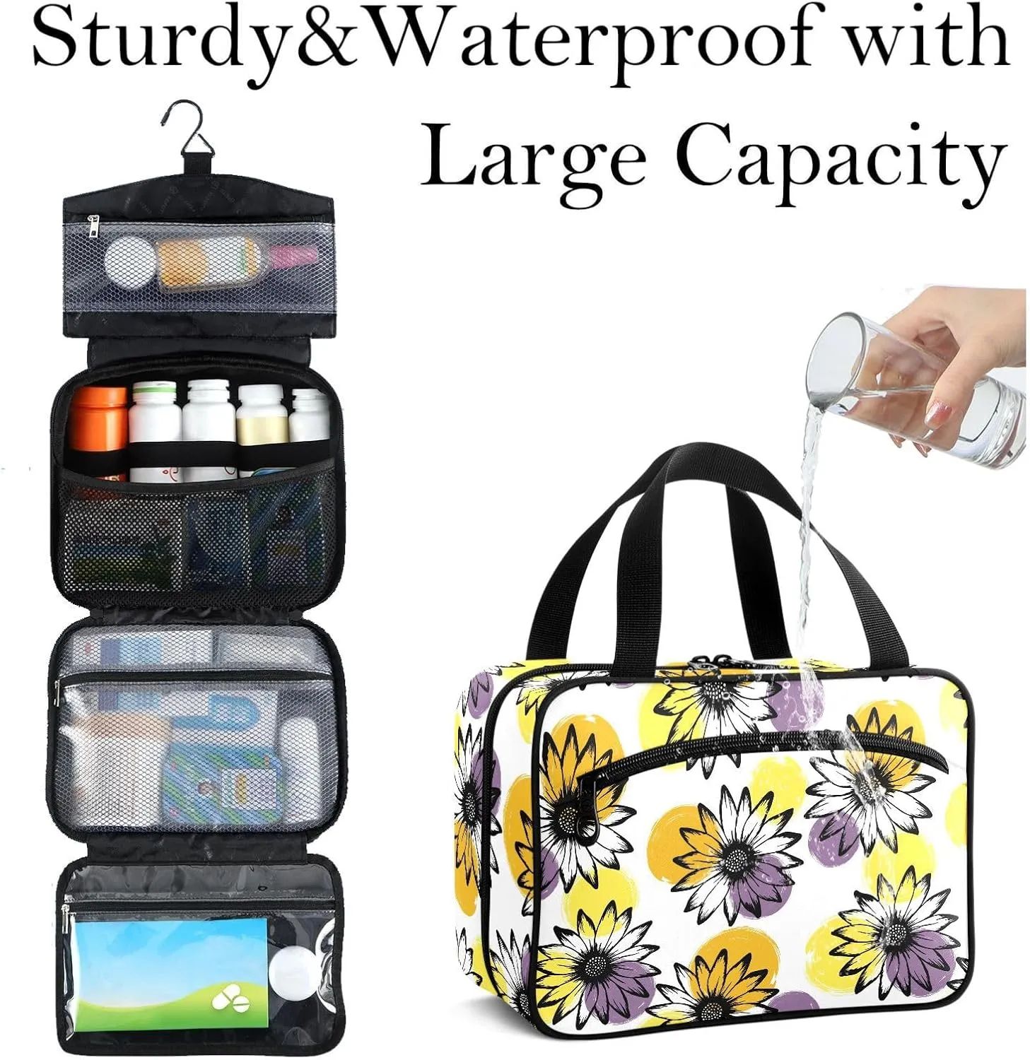 Travel Toiletry Bag for Woman/Men, Rustic Flower with Yellow Purple Dot Hanging Organizer Bag with Pockets Portable Folding Travel Case Bags for Makeup Cosmetic Toiletries Storage Traveling-L