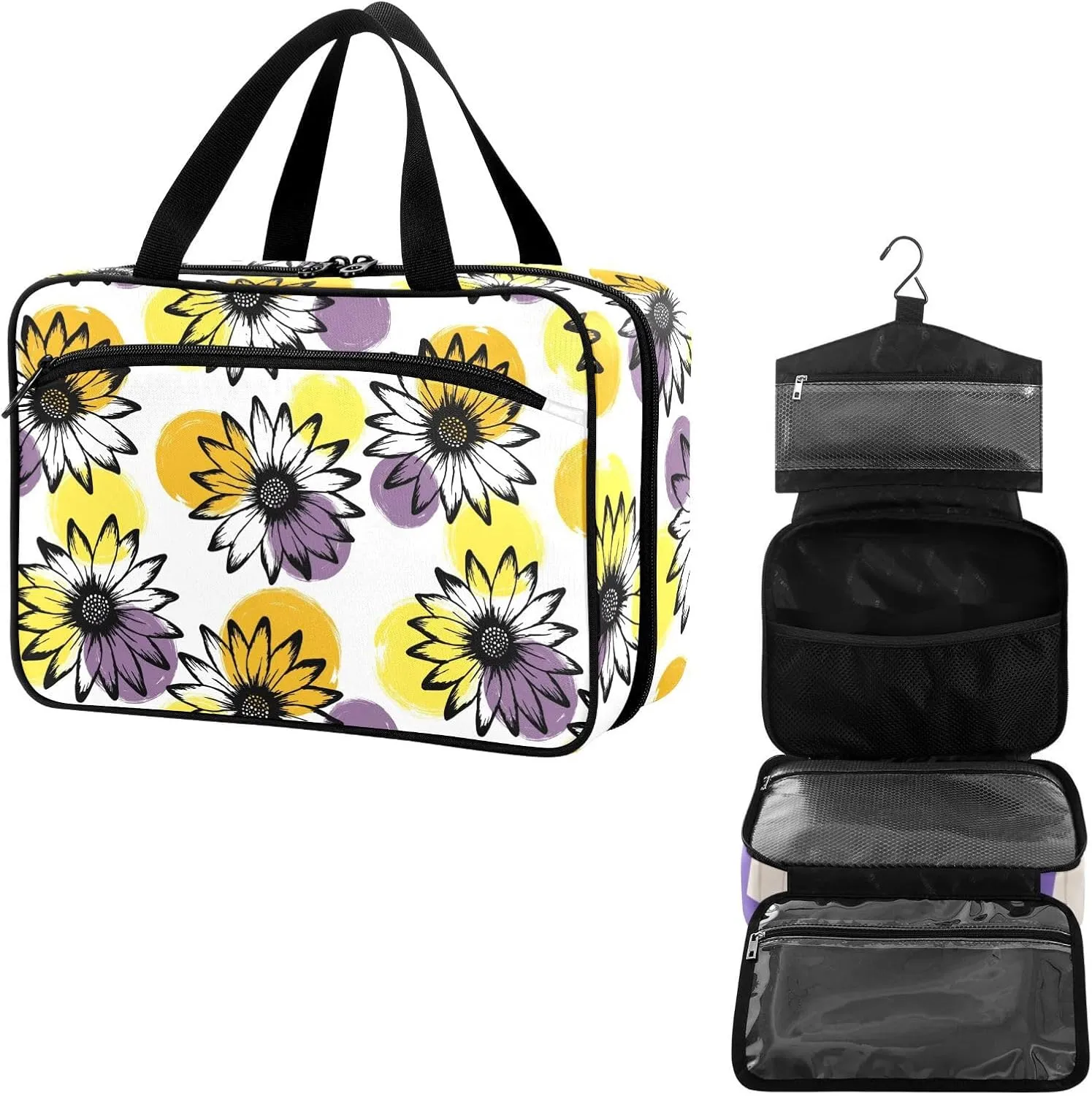 Travel Toiletry Bag for Woman/Men, Rustic Flower with Yellow Purple Dot Hanging Organizer Bag with Pockets Portable Folding Travel Case Bags for Makeup Cosmetic Toiletries Storage Traveling-L