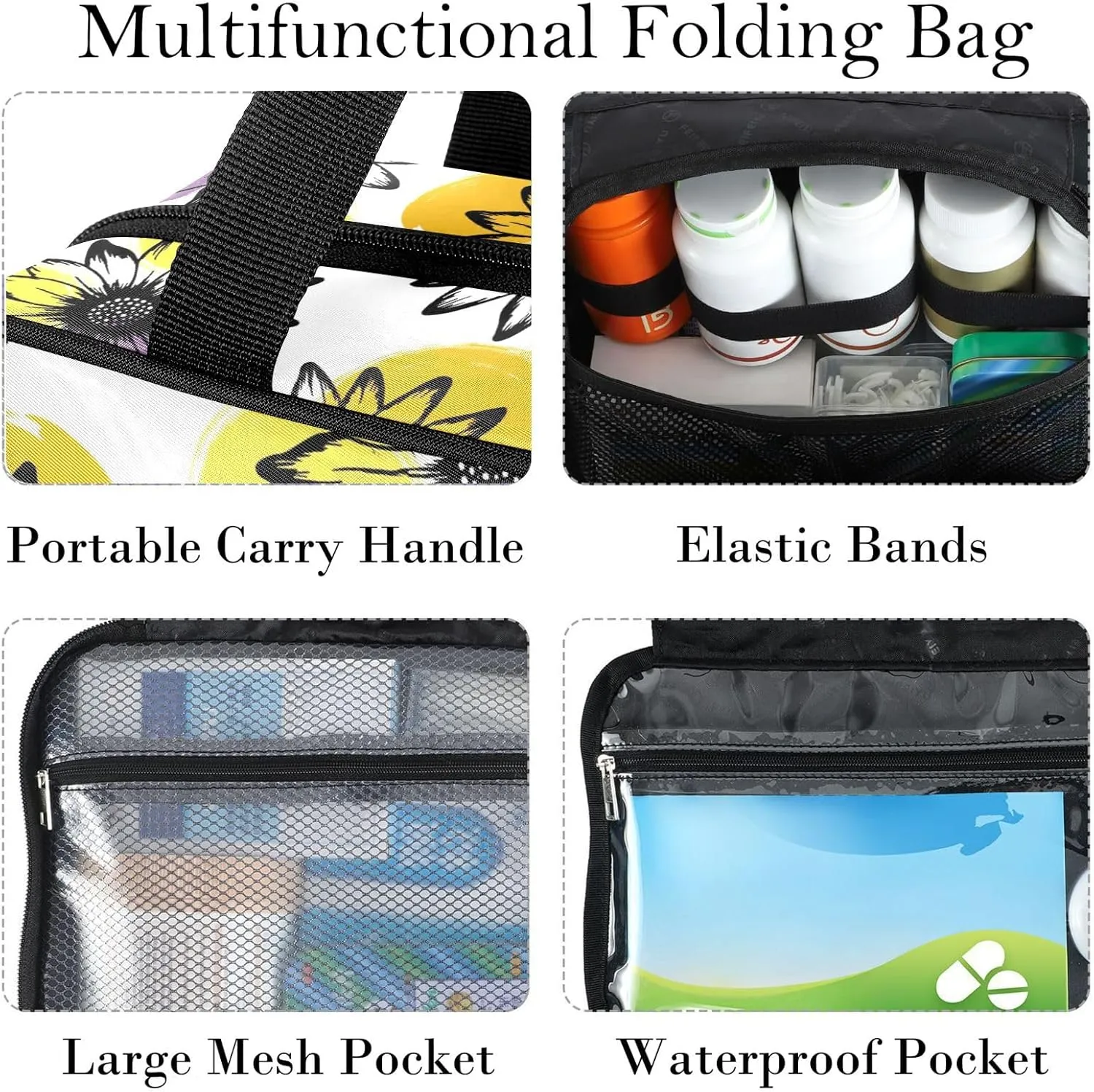 Travel Toiletry Bag for Woman/Men, Rustic Flower with Yellow Purple Dot Hanging Organizer Bag with Pockets Portable Folding Travel Case Bags for Makeup Cosmetic Toiletries Storage Traveling-L