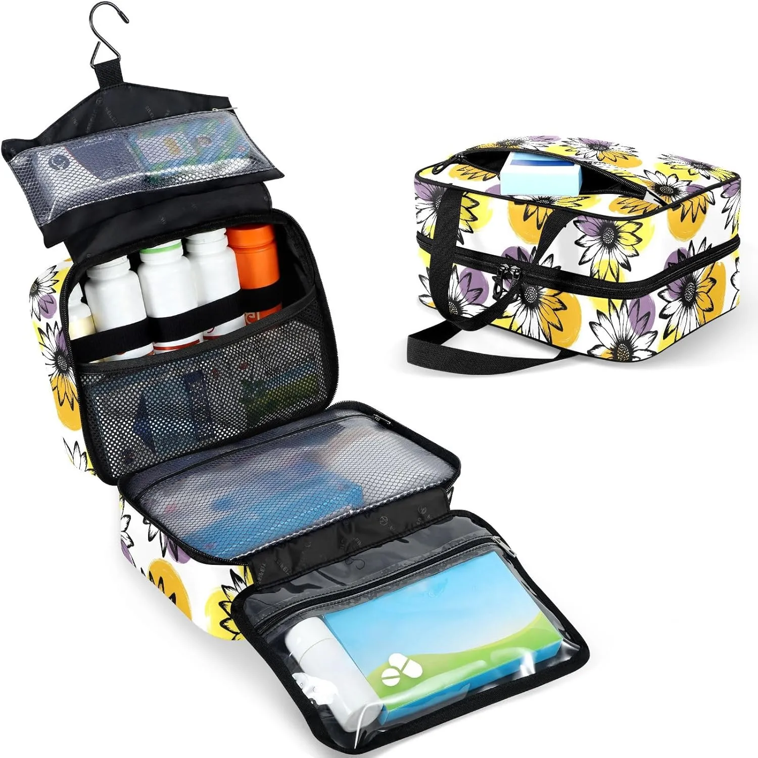 Travel Toiletry Bag for Woman/Men, Rustic Flower with Yellow Purple Dot Hanging Organizer Bag with Pockets Portable Folding Travel Case Bags for Makeup Cosmetic Toiletries Storage Traveling-L