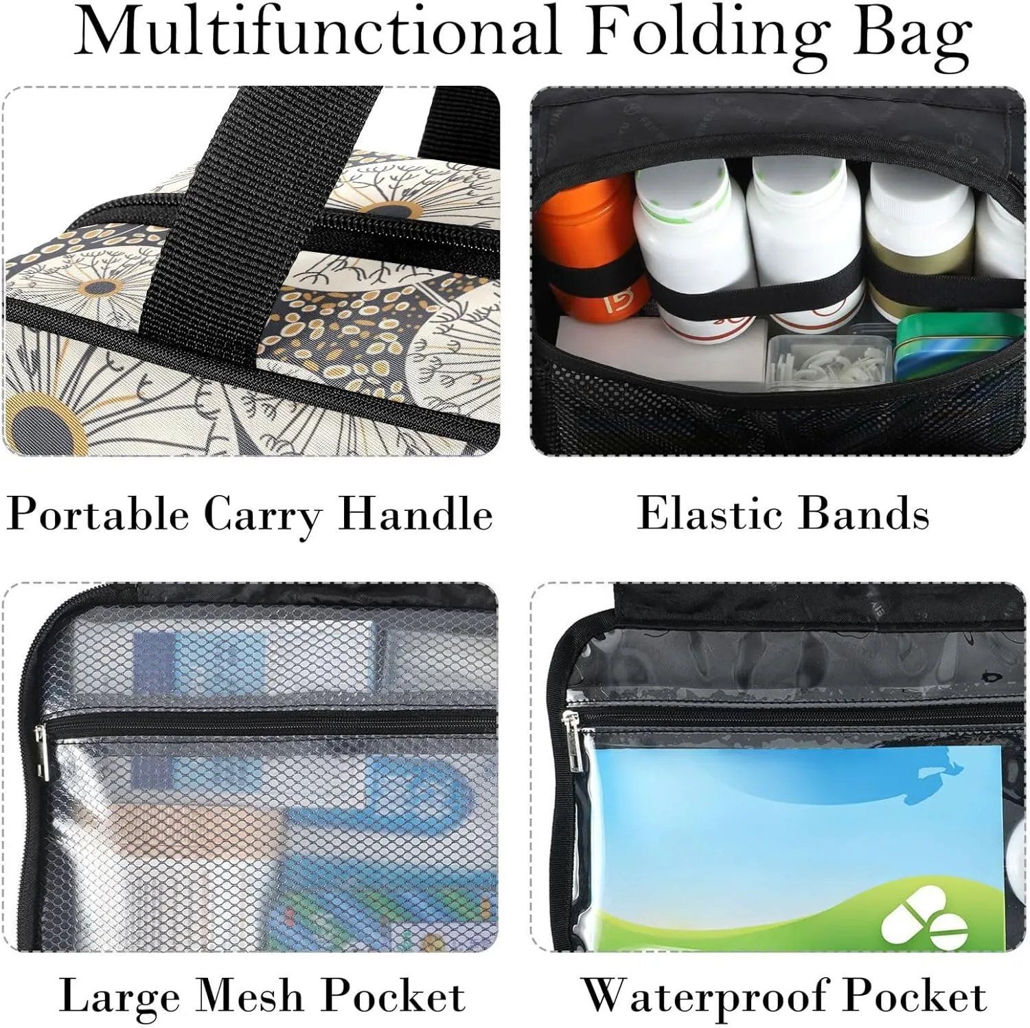 Travel Toiletry Bag for Woman/Men,Black and Gold Abstract Dandelion Circle Hanging Organizer Bag with Pockets Portable Folding Travel Case Bags for Makeup Cosmetic Toiletries Storage Traveling-L