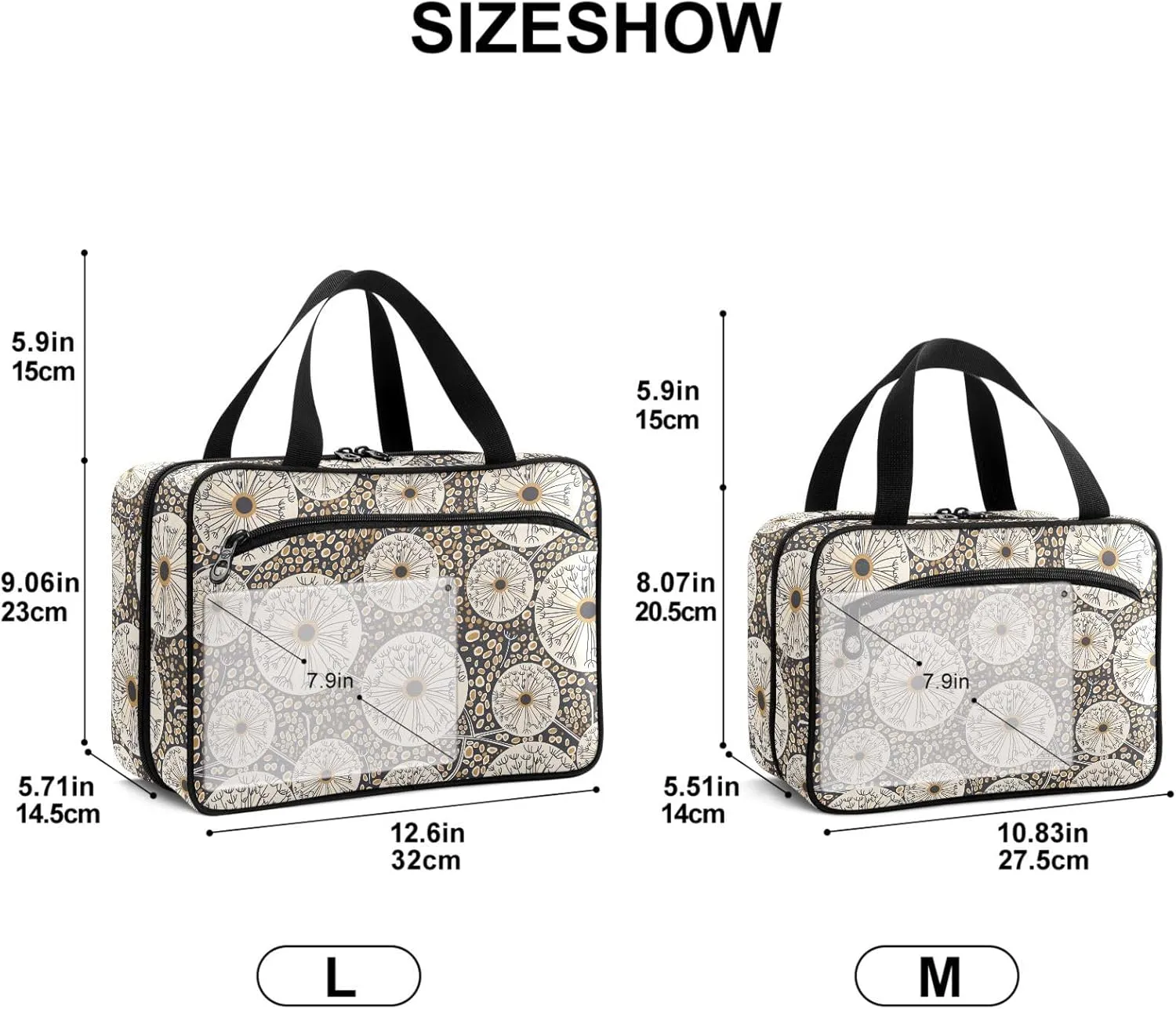 Travel Toiletry Bag for Woman/Men,Black and Gold Abstract Dandelion Circle Hanging Organizer Bag with Pockets Portable Folding Travel Case Bags for Makeup Cosmetic Toiletries Storage Traveling-L