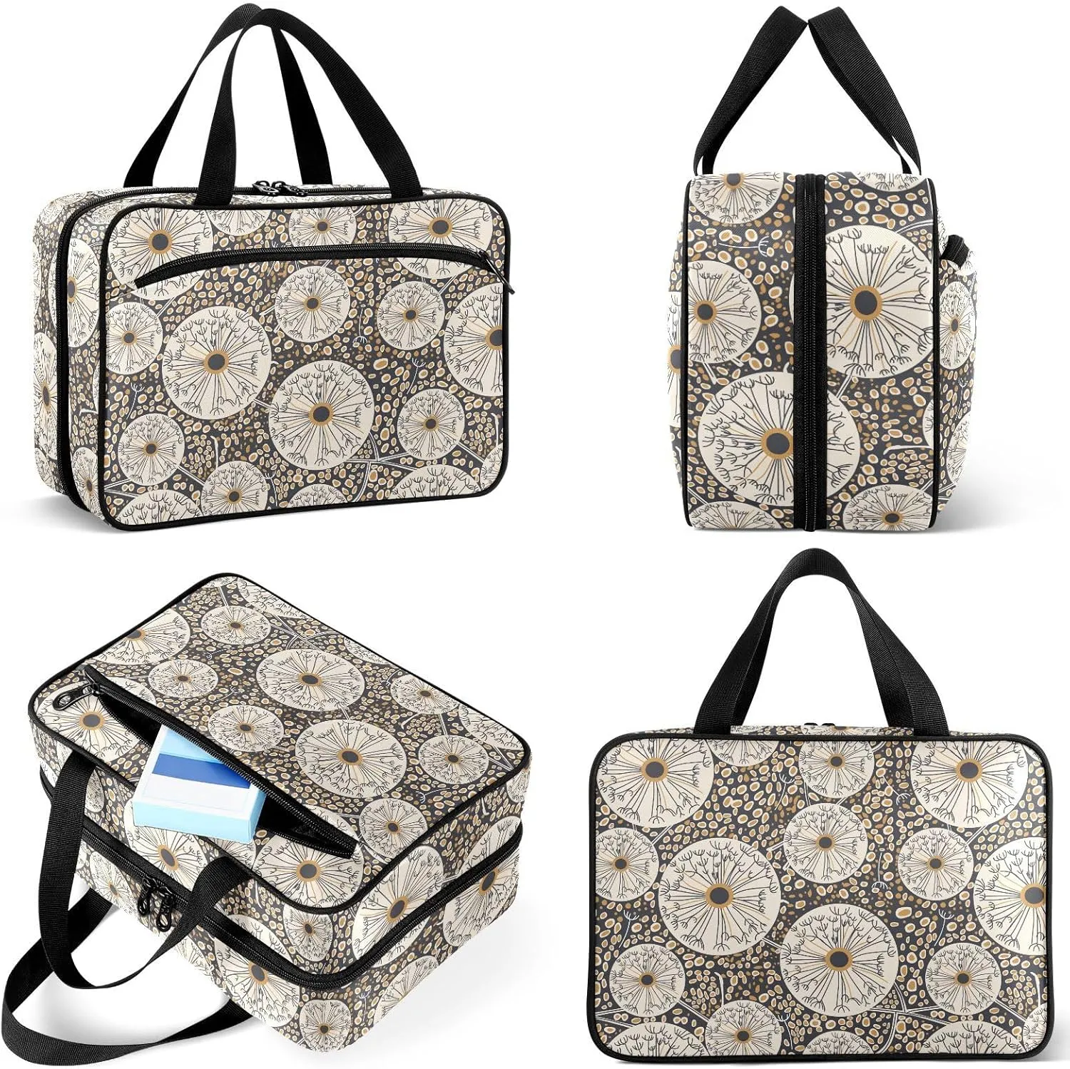 Travel Toiletry Bag for Woman/Men,Black and Gold Abstract Dandelion Circle Hanging Organizer Bag with Pockets Portable Folding Travel Case Bags for Makeup Cosmetic Toiletries Storage Traveling-L