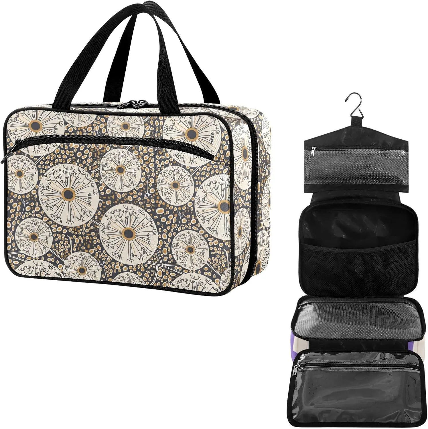 Travel Toiletry Bag for Woman/Men,Black and Gold Abstract Dandelion Circle Hanging Organizer Bag with Pockets Portable Folding Travel Case Bags for Makeup Cosmetic Toiletries Storage Traveling-L