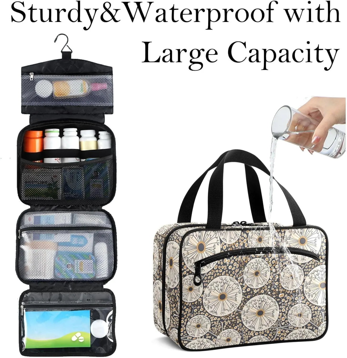 Travel Toiletry Bag for Woman/Men,Black and Gold Abstract Dandelion Circle Hanging Organizer Bag with Pockets Portable Folding Travel Case Bags for Makeup Cosmetic Toiletries Storage Traveling-L