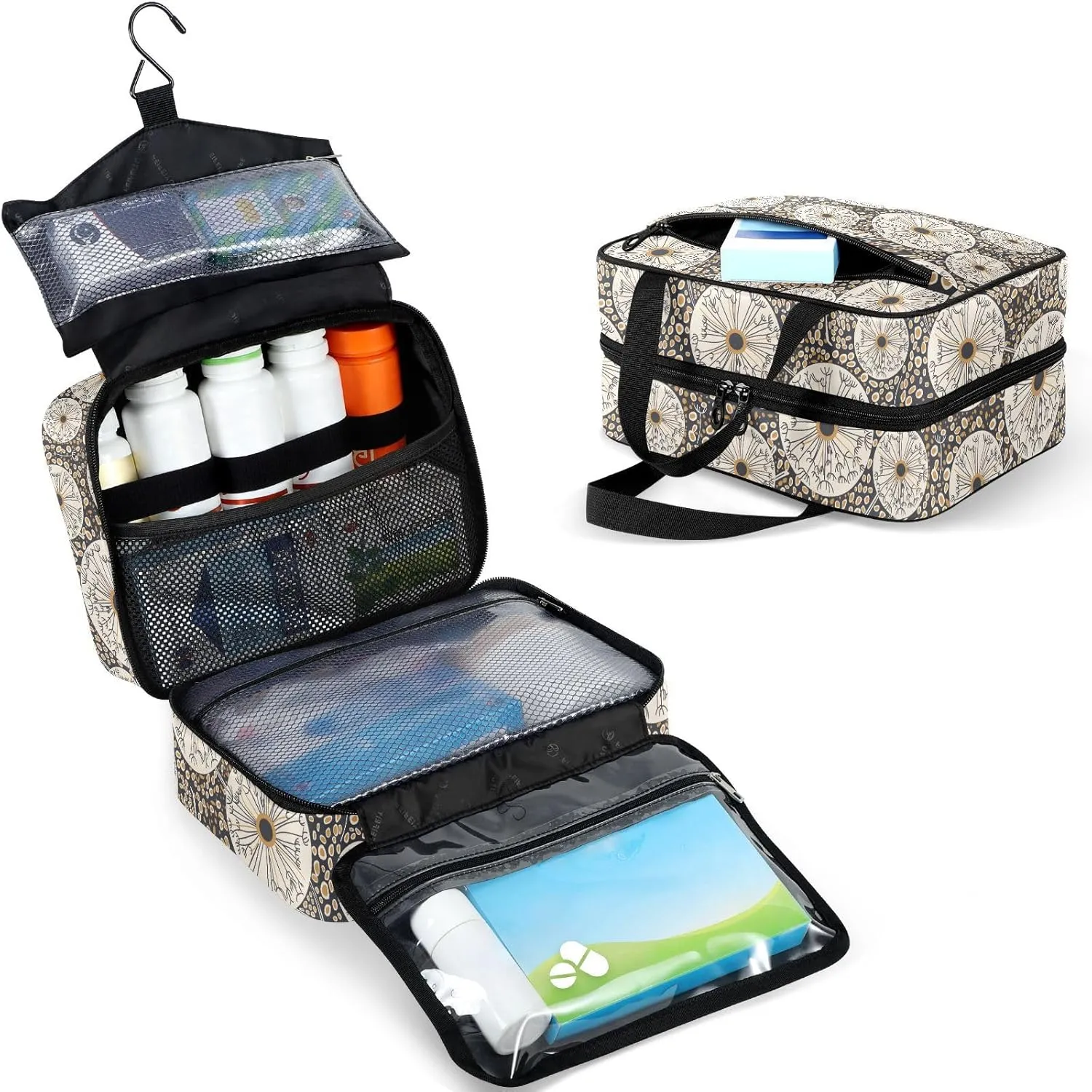 Travel Toiletry Bag for Woman/Men,Black and Gold Abstract Dandelion Circle Hanging Organizer Bag with Pockets Portable Folding Travel Case Bags for Makeup Cosmetic Toiletries Storage Traveling-L
