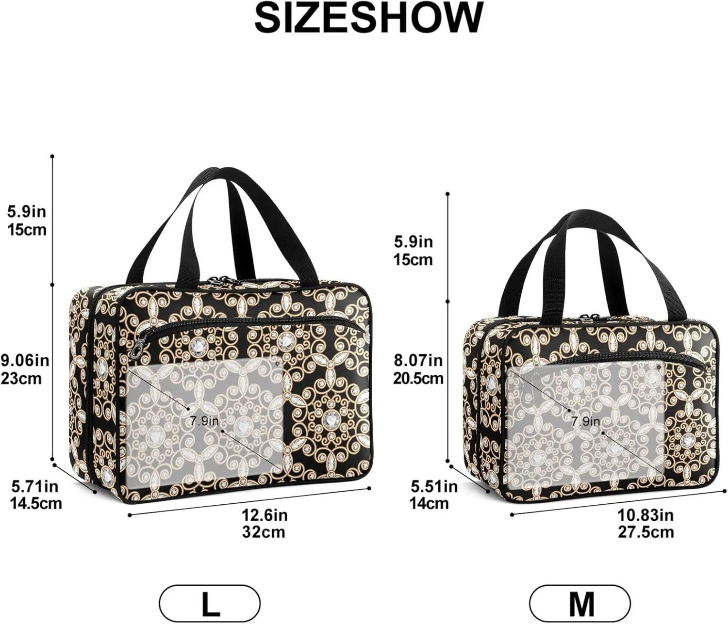 Travel Toiletry Bag for Woman/Men,Black Gold Gem Jewel Geometric 3d Hanging Organizer Bag with Pockets Portable Folding Travel Case Bags for Makeup Cosmetic Toiletries Storage Traveling-M