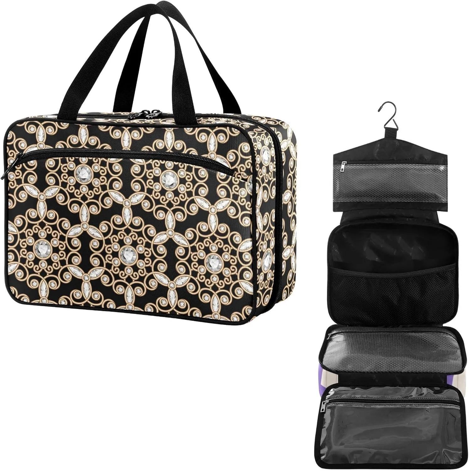 Travel Toiletry Bag for Woman/Men,Black Gold Gem Jewel Geometric 3d Hanging Organizer Bag with Pockets Portable Folding Travel Case Bags for Makeup Cosmetic Toiletries Storage Traveling-M