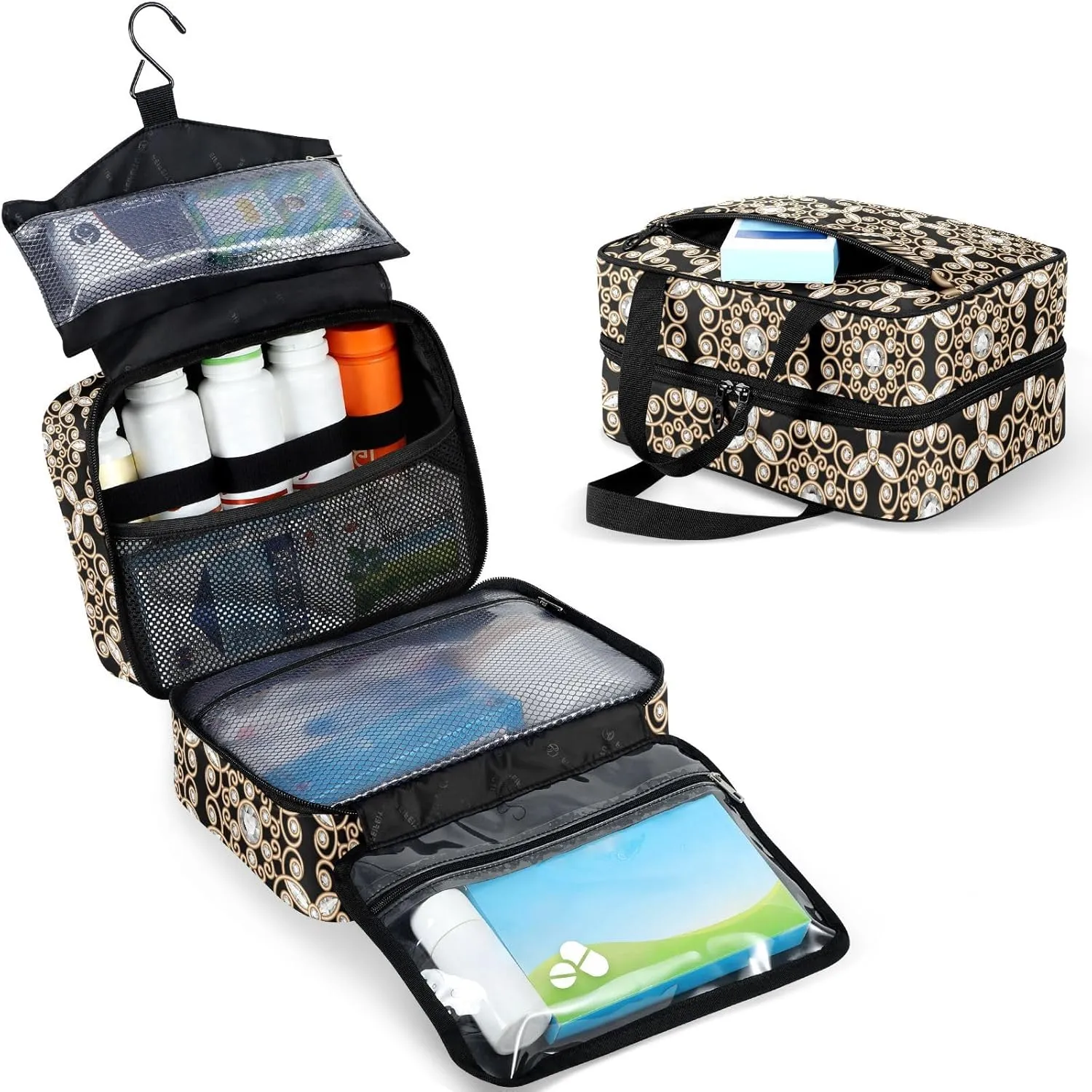 Travel Toiletry Bag for Woman/Men,Black Gold Gem Jewel Geometric 3d Hanging Organizer Bag with Pockets Portable Folding Travel Case Bags for Makeup Cosmetic Toiletries Storage Traveling-M