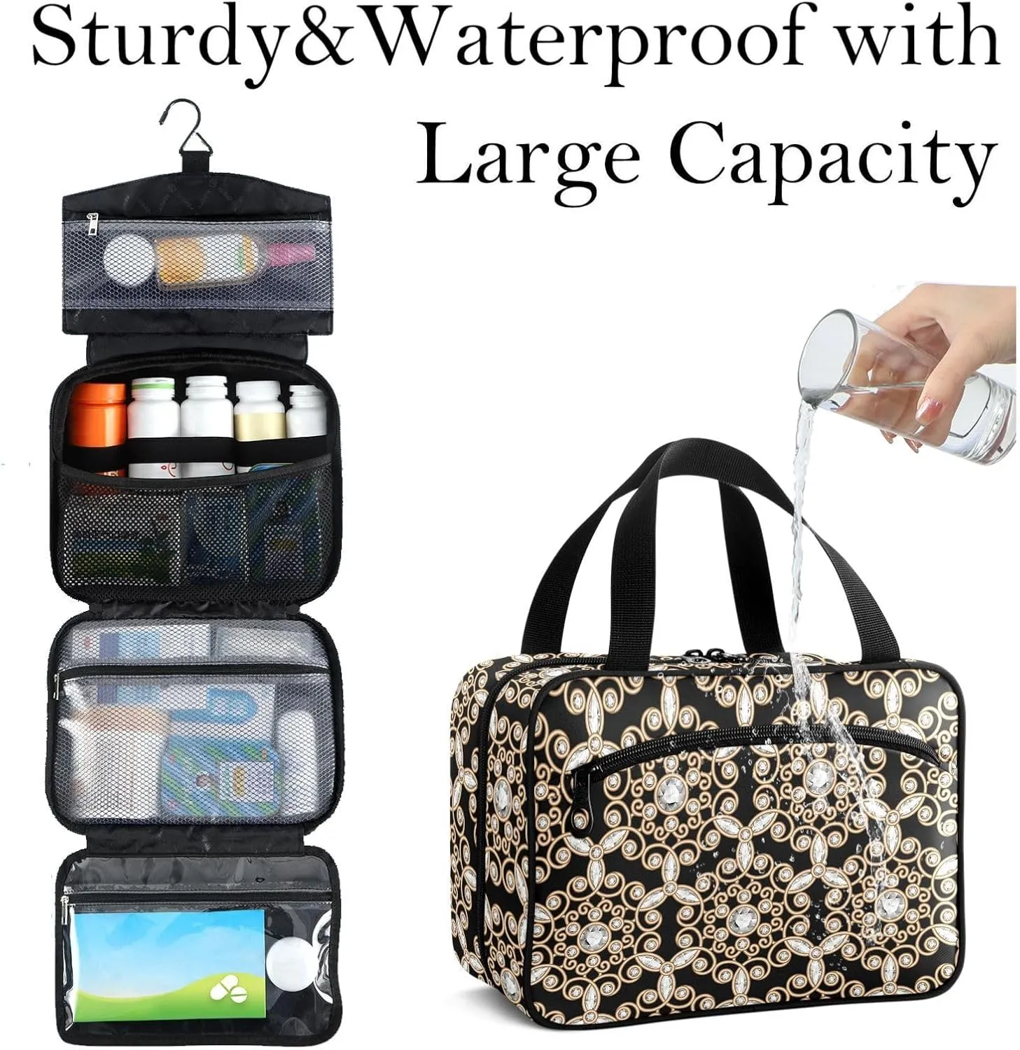 Travel Toiletry Bag for Woman/Men,Black Gold Gem Jewel Geometric 3d Hanging Organizer Bag with Pockets Portable Folding Travel Case Bags for Makeup Cosmetic Toiletries Storage Traveling-M