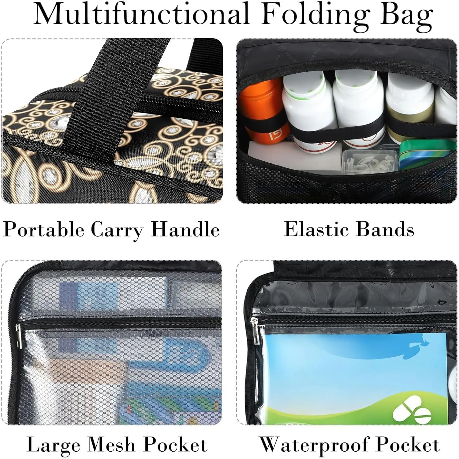 Travel Toiletry Bag for Woman/Men,Black Gold Gem Jewel Geometric 3d Hanging Organizer Bag with Pockets Portable Folding Travel Case Bags for Makeup Cosmetic Toiletries Storage Traveling-M