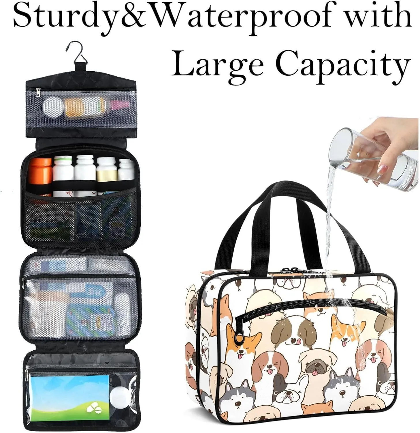 Travel Toiletry Bag for Woman/Men,Cute Hand Draw Dog Various Dogs Hanging Organizer Bag with Pockets Portable Folding Travel Case Bags for Makeup Cosmetic Toiletries Storage Traveling-M