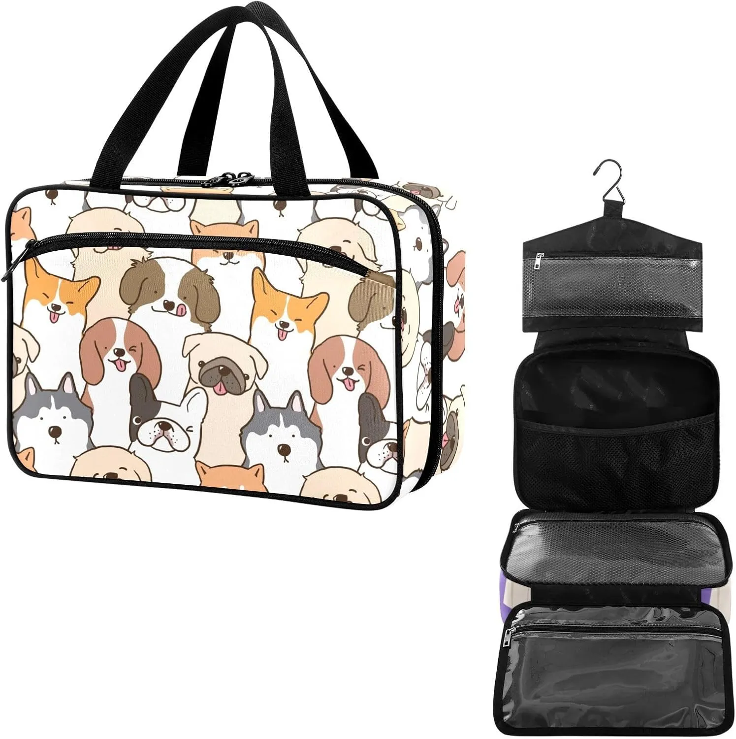 Travel Toiletry Bag for Woman/Men,Cute Hand Draw Dog Various Dogs Hanging Organizer Bag with Pockets Portable Folding Travel Case Bags for Makeup Cosmetic Toiletries Storage Traveling-M
