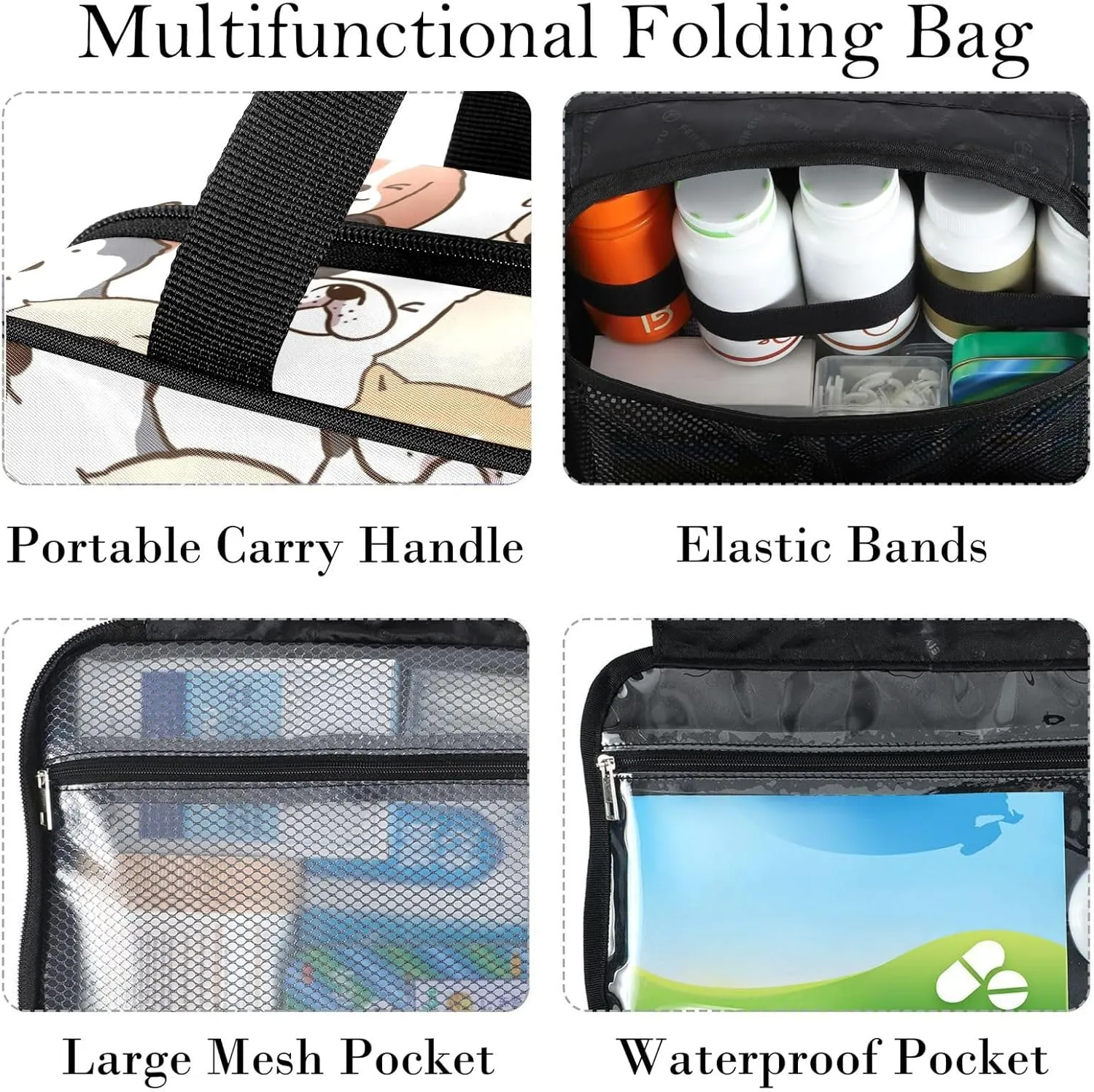 Travel Toiletry Bag for Woman/Men,Cute Hand Draw Dog Various Dogs Hanging Organizer Bag with Pockets Portable Folding Travel Case Bags for Makeup Cosmetic Toiletries Storage Traveling-M