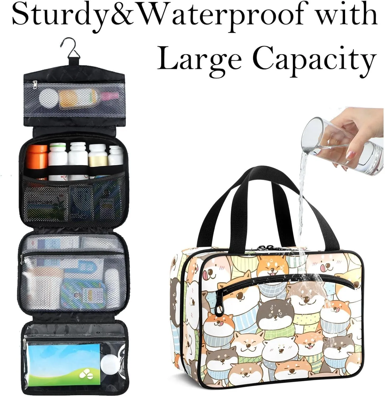 Travel Toiletry Bag for Woman/Men,Cute Shiba Inu Dog Kawaii Dogs Hanging Organizer Bag with Pockets Portable Folding Travel Case Bags for Makeup Cosmetic Toiletries Storage Traveling-L