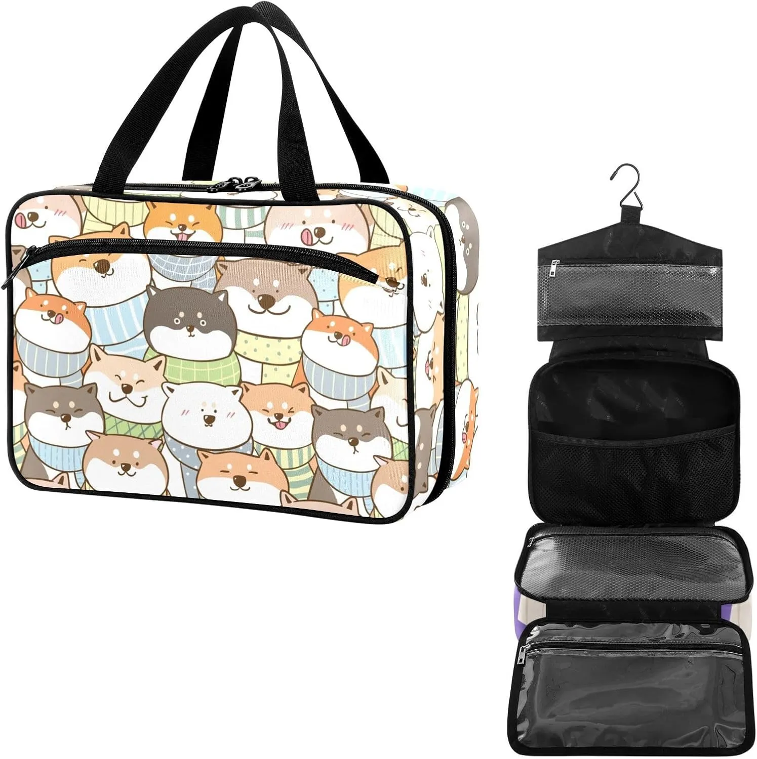 Travel Toiletry Bag for Woman/Men,Cute Shiba Inu Dog Kawaii Dogs Hanging Organizer Bag with Pockets Portable Folding Travel Case Bags for Makeup Cosmetic Toiletries Storage Traveling-L