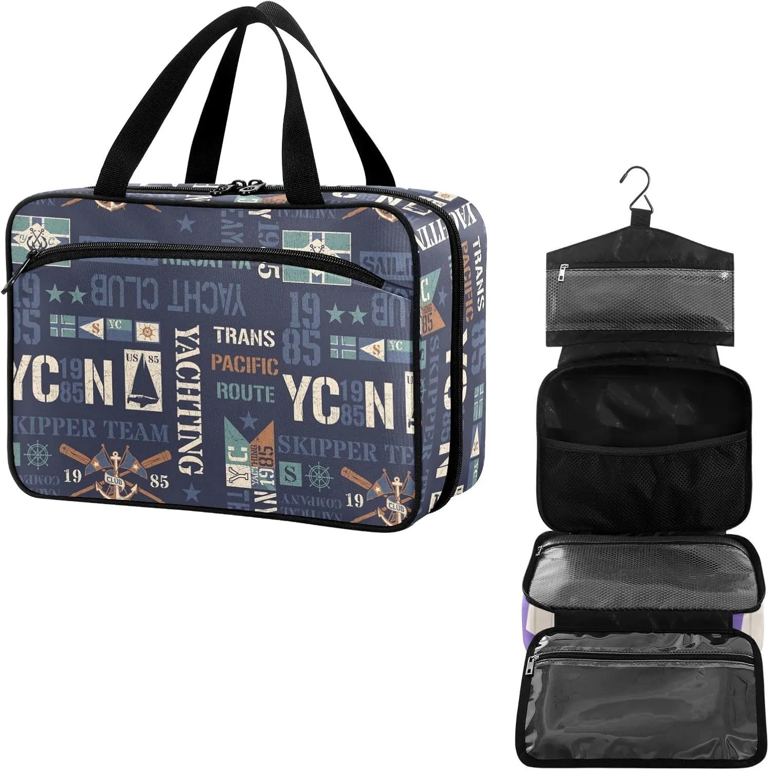 Travel Toiletry Bag for Woman/Men,Navy Blue Yacht Themed Nautical Hanging Organizer Bag with Pockets Portable Folding Travel Case Bags for Makeup Cosmetic Toiletries Storage Traveling-L