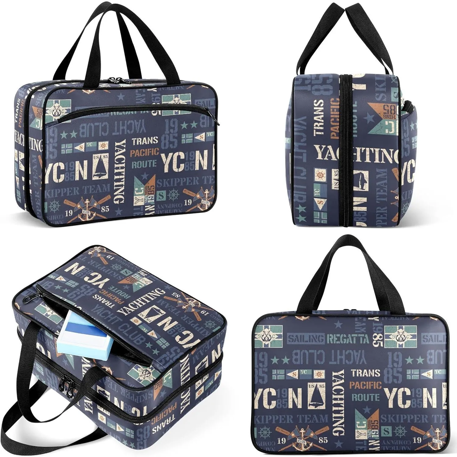 Travel Toiletry Bag for Woman/Men,Navy Blue Yacht Themed Nautical Hanging Organizer Bag with Pockets Portable Folding Travel Case Bags for Makeup Cosmetic Toiletries Storage Traveling-L