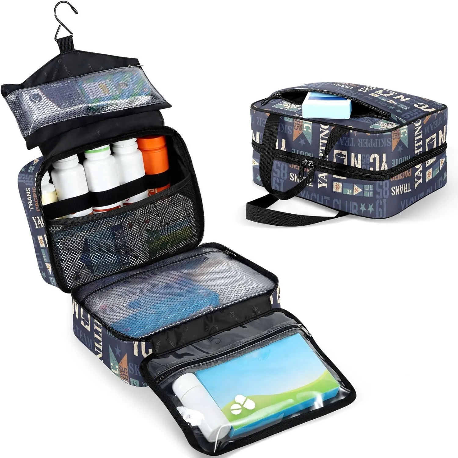 Travel Toiletry Bag for Woman/Men,Navy Blue Yacht Themed Nautical Hanging Organizer Bag with Pockets Portable Folding Travel Case Bags for Makeup Cosmetic Toiletries Storage Traveling-L