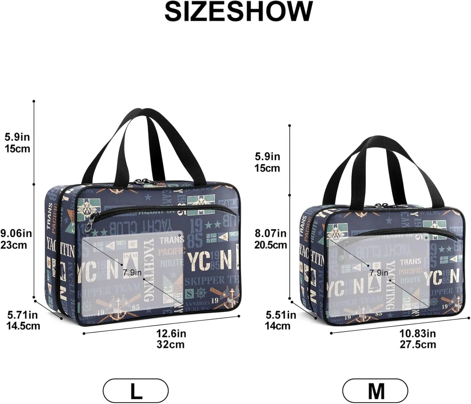 Travel Toiletry Bag for Woman/Men,Navy Blue Yacht Themed Nautical Hanging Organizer Bag with Pockets Portable Folding Travel Case Bags for Makeup Cosmetic Toiletries Storage Traveling-L