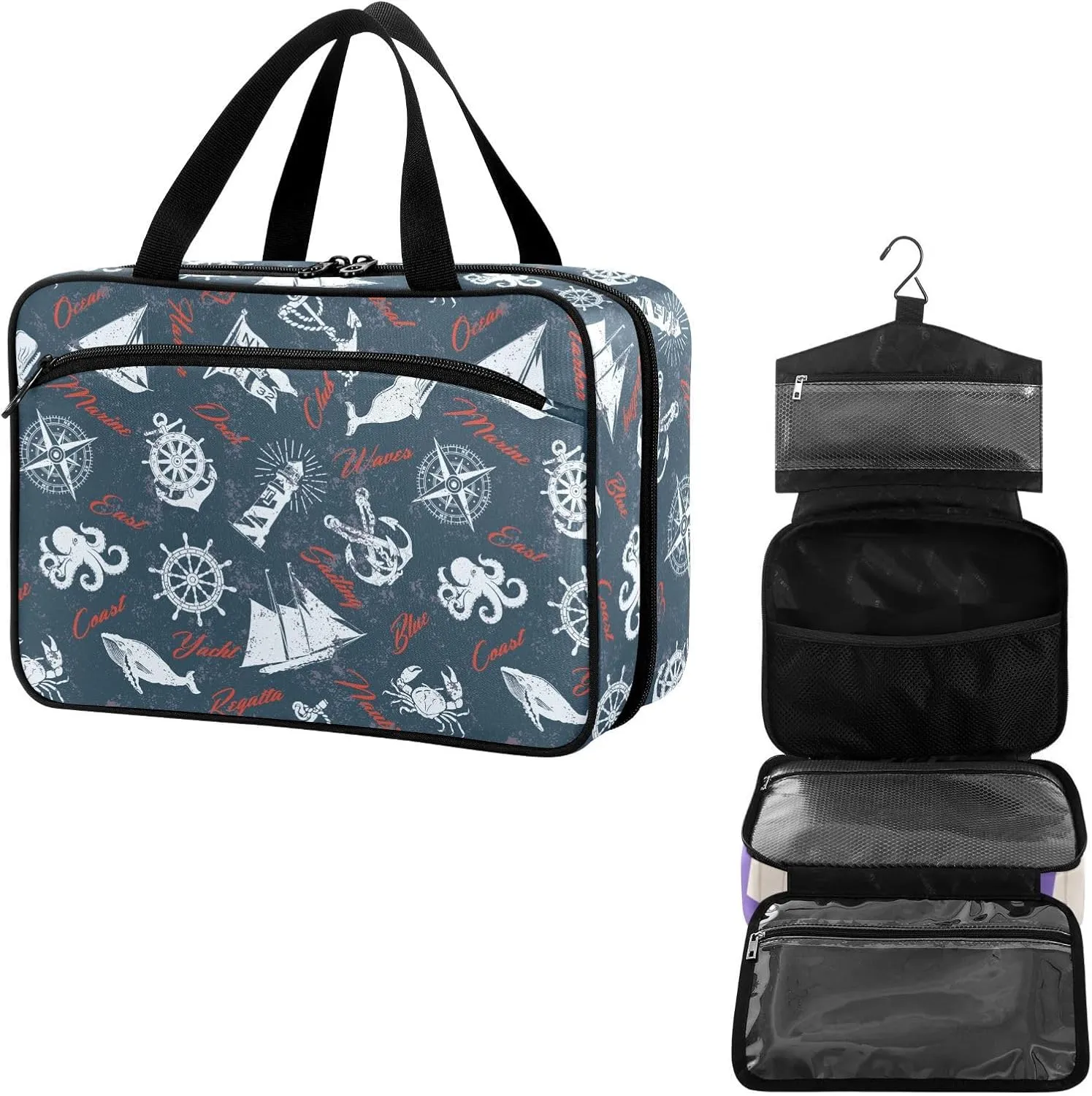 Travel Toiletry Bag for Woman/Men,Rustic Nautical Themed Sea Animal Hanging Organizer Bag with Pockets Portable Folding Travel Case Bags for Makeup Cosmetic Toiletries Storage Traveling-L