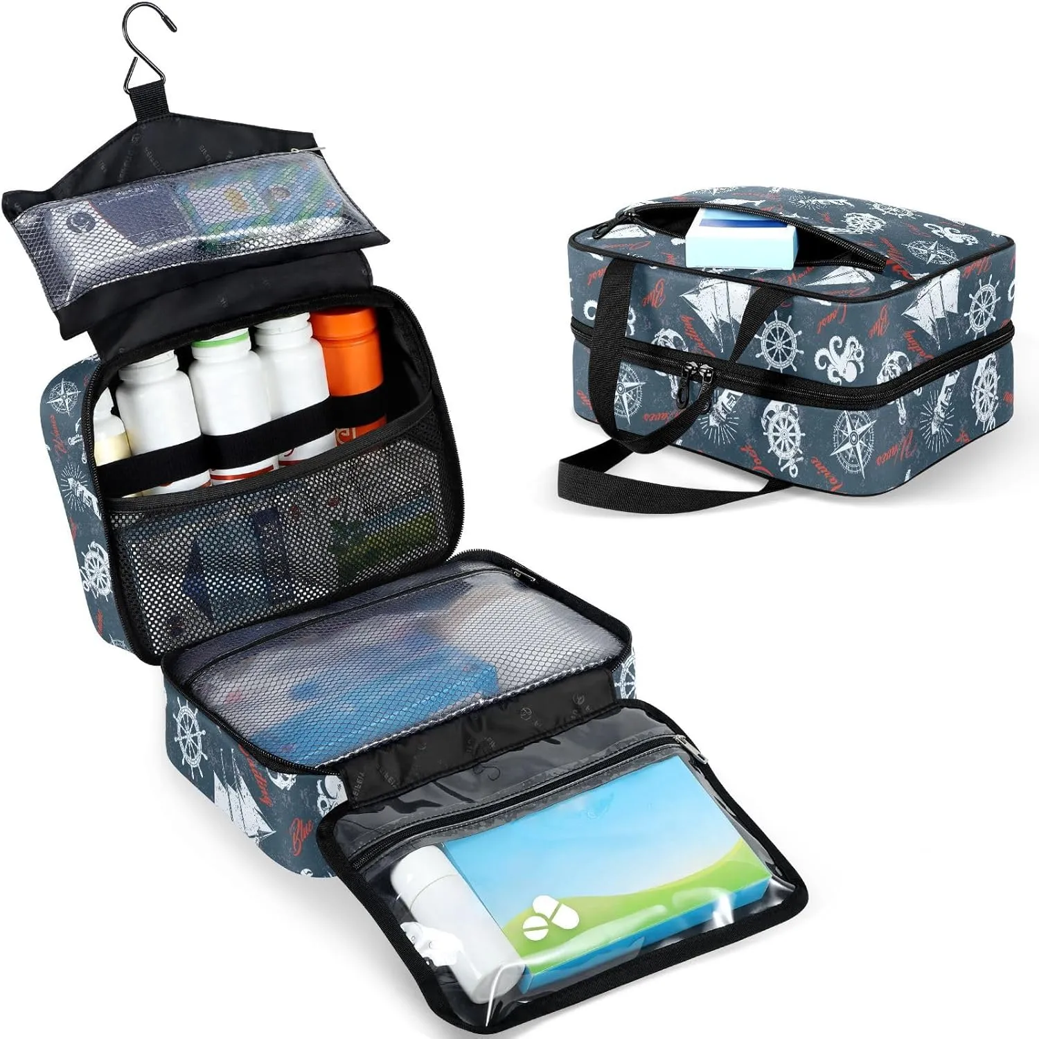 Travel Toiletry Bag for Woman/Men,Rustic Nautical Themed Sea Animal Hanging Organizer Bag with Pockets Portable Folding Travel Case Bags for Makeup Cosmetic Toiletries Storage Traveling-L