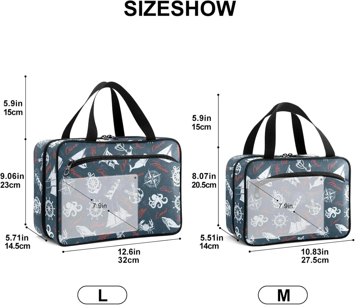 Travel Toiletry Bag for Woman/Men,Rustic Nautical Themed Sea Animal Hanging Organizer Bag with Pockets Portable Folding Travel Case Bags for Makeup Cosmetic Toiletries Storage Traveling-L