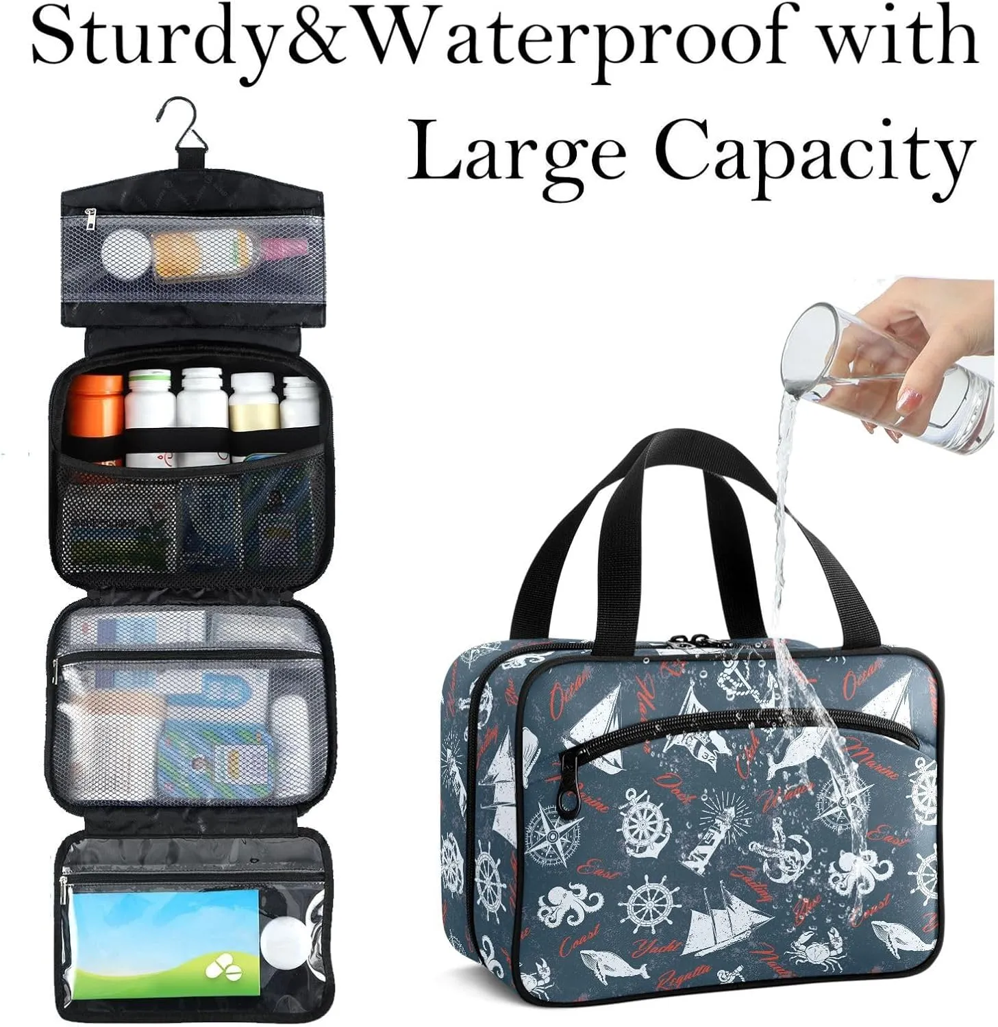 Travel Toiletry Bag for Woman/Men,Rustic Nautical Themed Sea Animal Hanging Organizer Bag with Pockets Portable Folding Travel Case Bags for Makeup Cosmetic Toiletries Storage Traveling-L