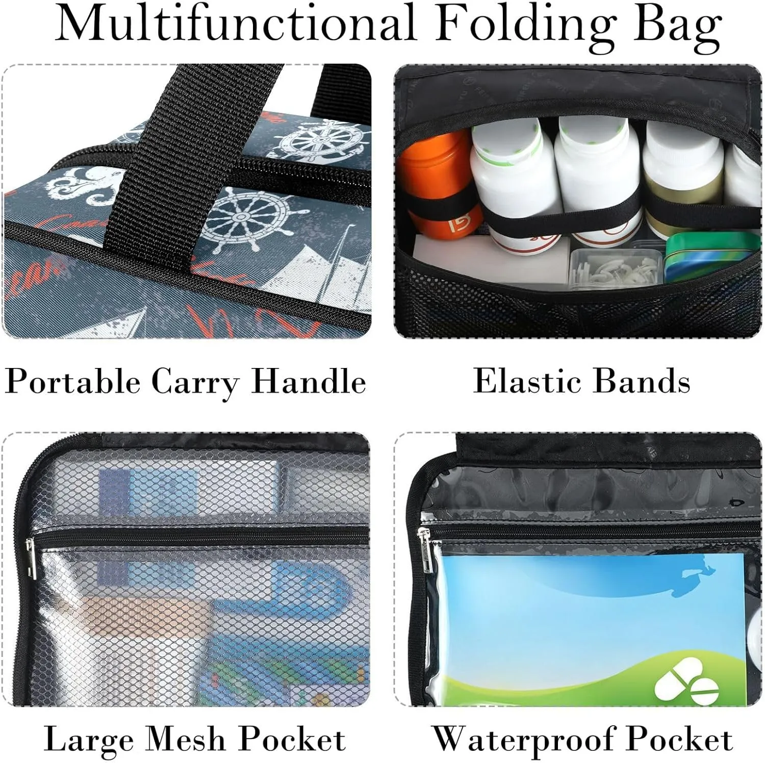 Travel Toiletry Bag for Woman/Men,Rustic Nautical Themed Sea Animal Hanging Organizer Bag with Pockets Portable Folding Travel Case Bags for Makeup Cosmetic Toiletries Storage Traveling-L