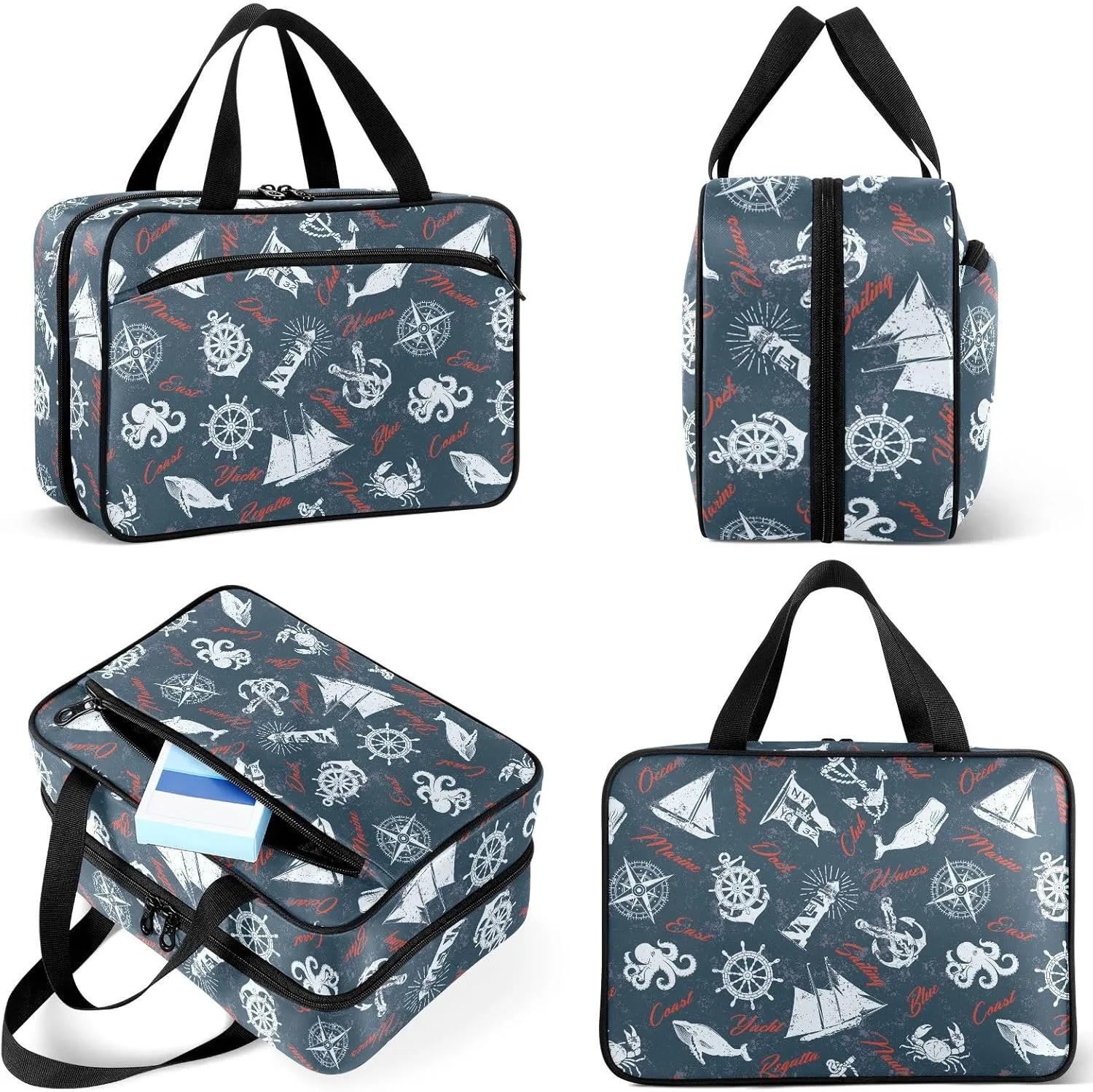 Travel Toiletry Bag for Woman/Men,Rustic Nautical Themed Sea Animal Hanging Organizer Bag with Pockets Portable Folding Travel Case Bags for Makeup Cosmetic Toiletries Storage Traveling-L