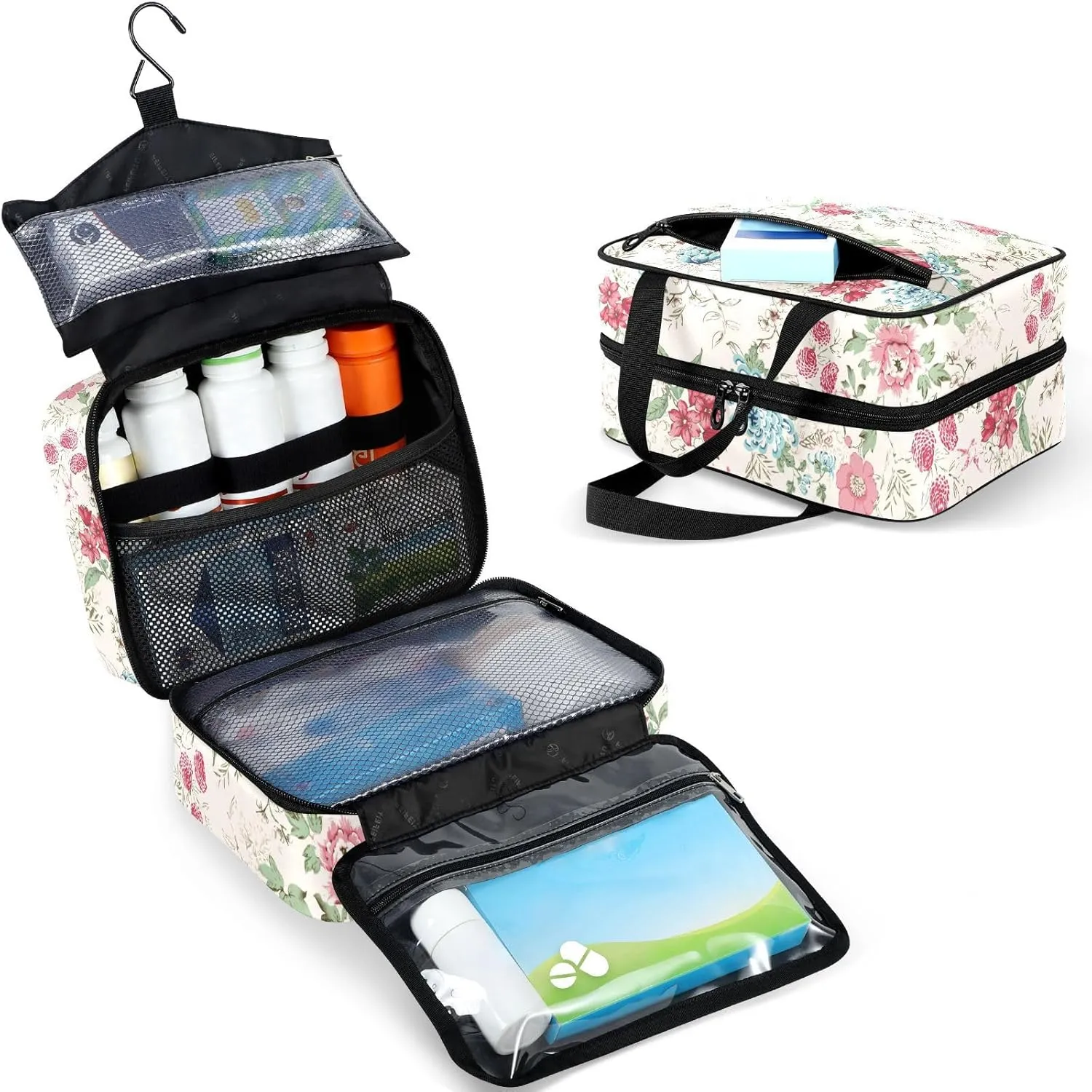 Travel Toiletry Bag for Woman/Men,Rustic Wildflower Blue Chrysanthemum Beige Hanging Organizer Bag with Pockets Portable Folding Travel Case Bags for Makeup Cosmetic Toiletries Storage Traveling-L