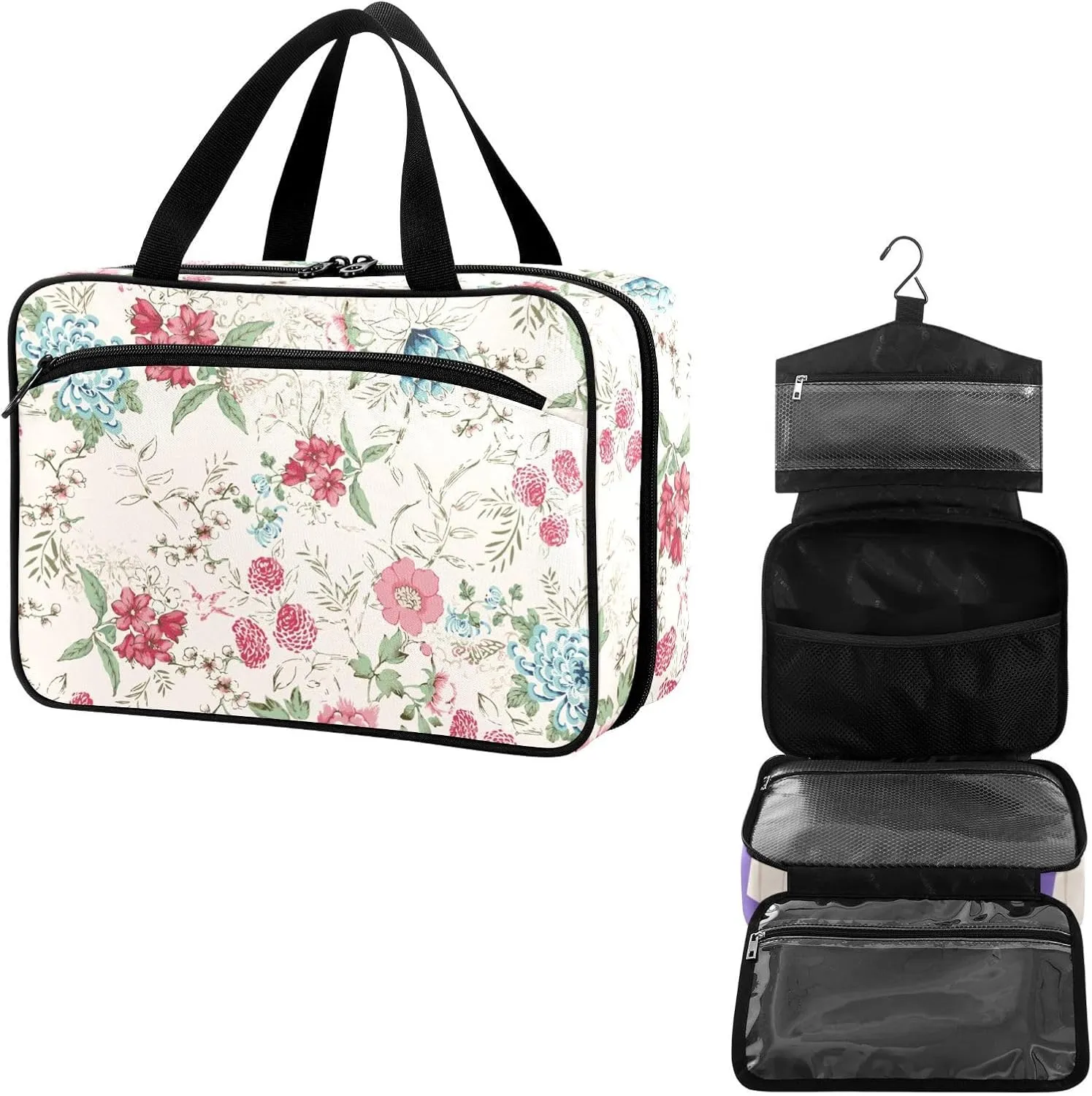Travel Toiletry Bag for Woman/Men,Rustic Wildflower Blue Chrysanthemum Beige Hanging Organizer Bag with Pockets Portable Folding Travel Case Bags for Makeup Cosmetic Toiletries Storage Traveling-L
