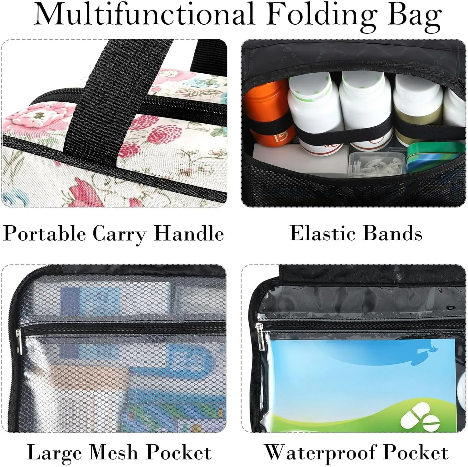 Travel Toiletry Bag for Woman/Men,Rustic Wildflower Blue Chrysanthemum Beige Hanging Organizer Bag with Pockets Portable Folding Travel Case Bags for Makeup Cosmetic Toiletries Storage Traveling-L